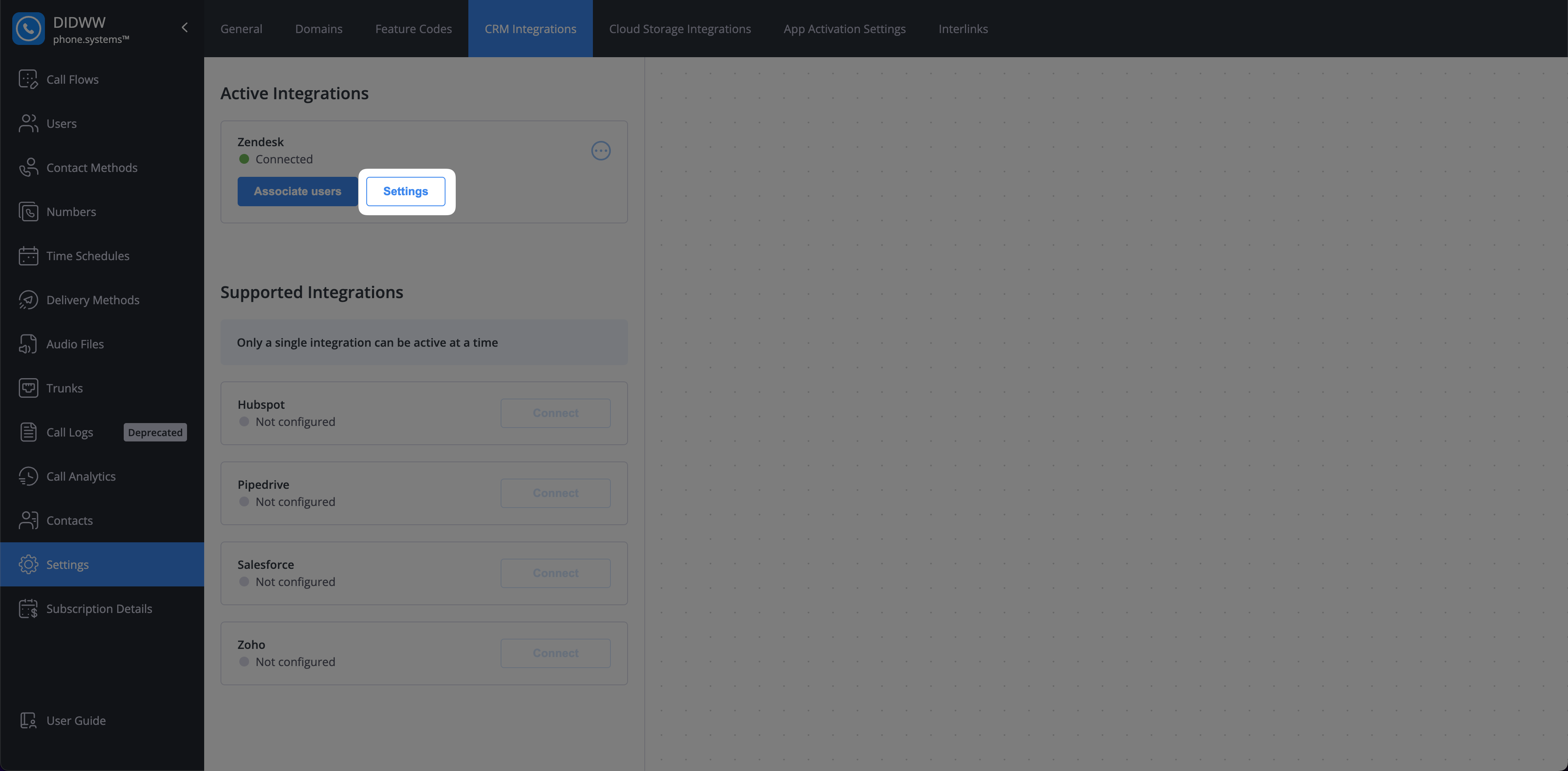 Zendesk integration settings button.