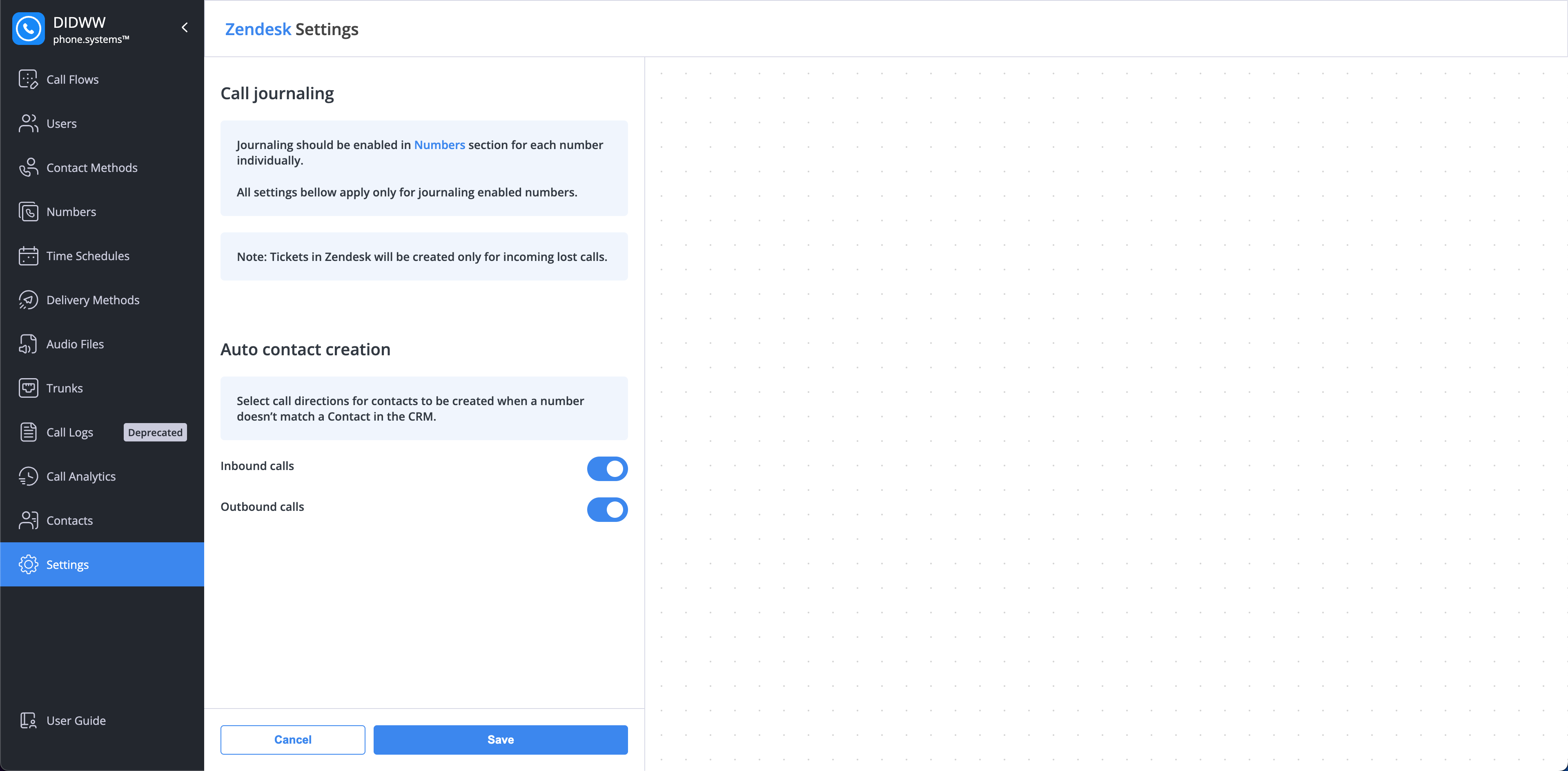 Zendesk integration settings in phone.systems™