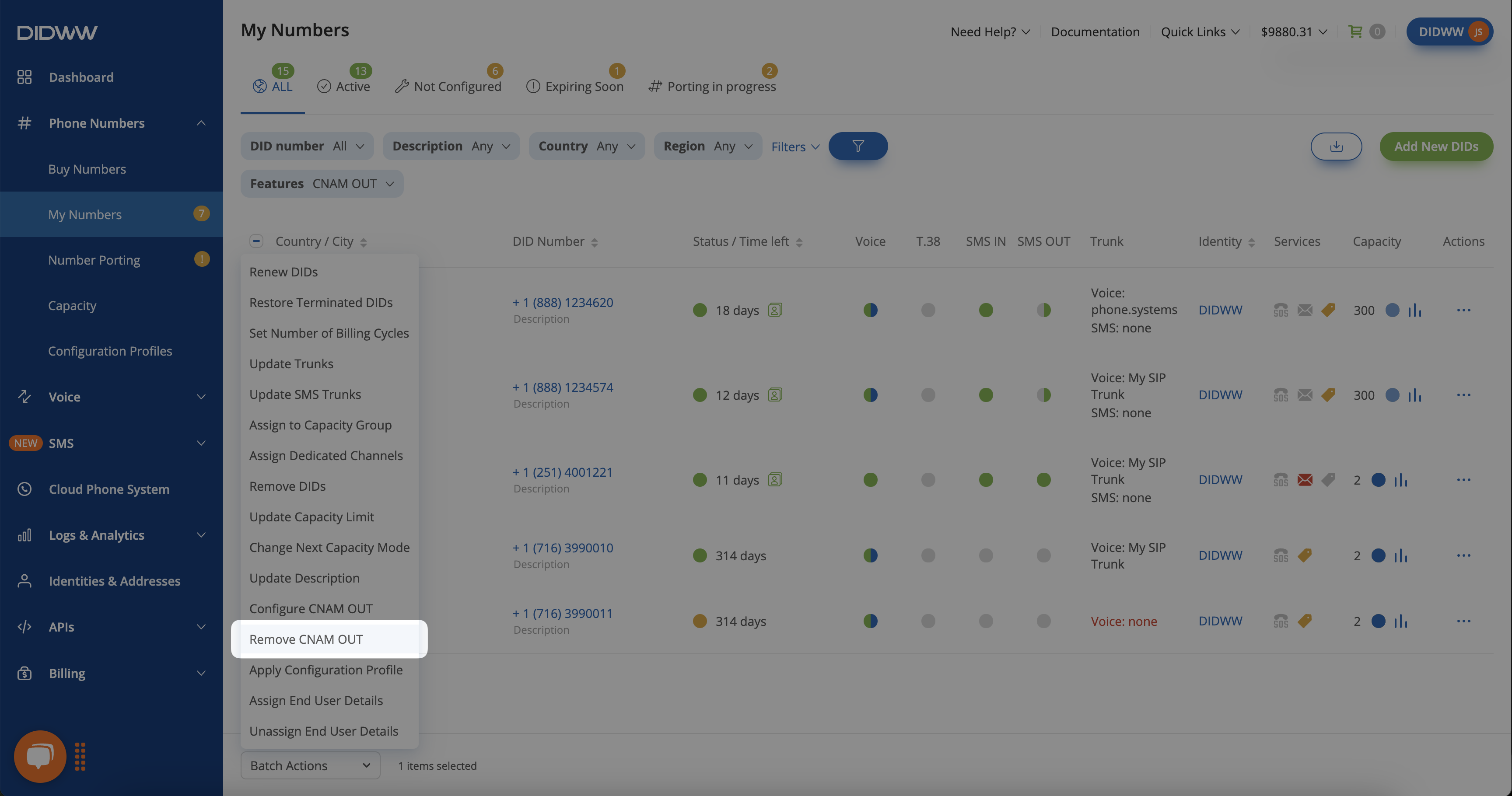 Batch Action Remove CNAM OUT