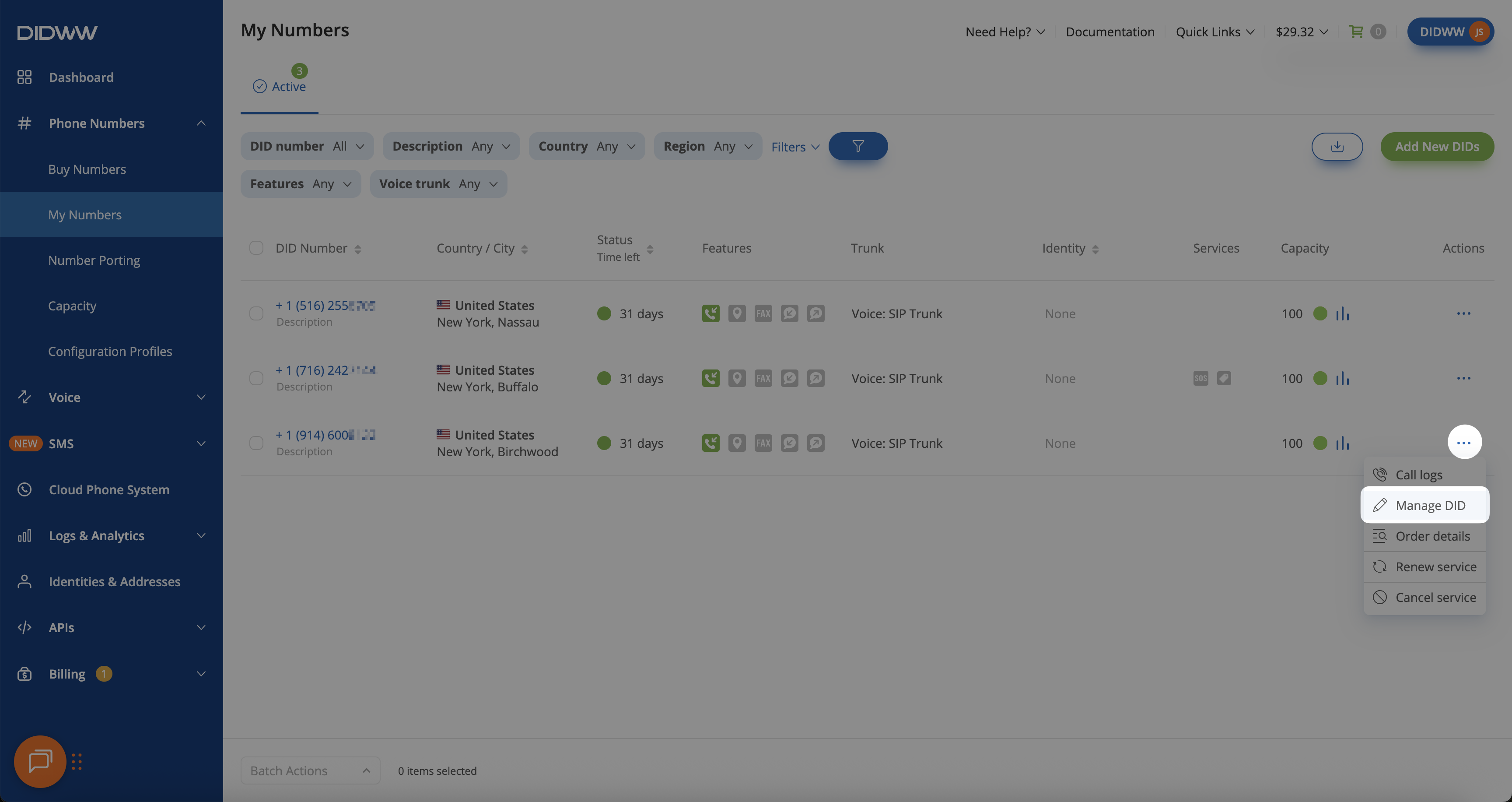 Manage DID menu