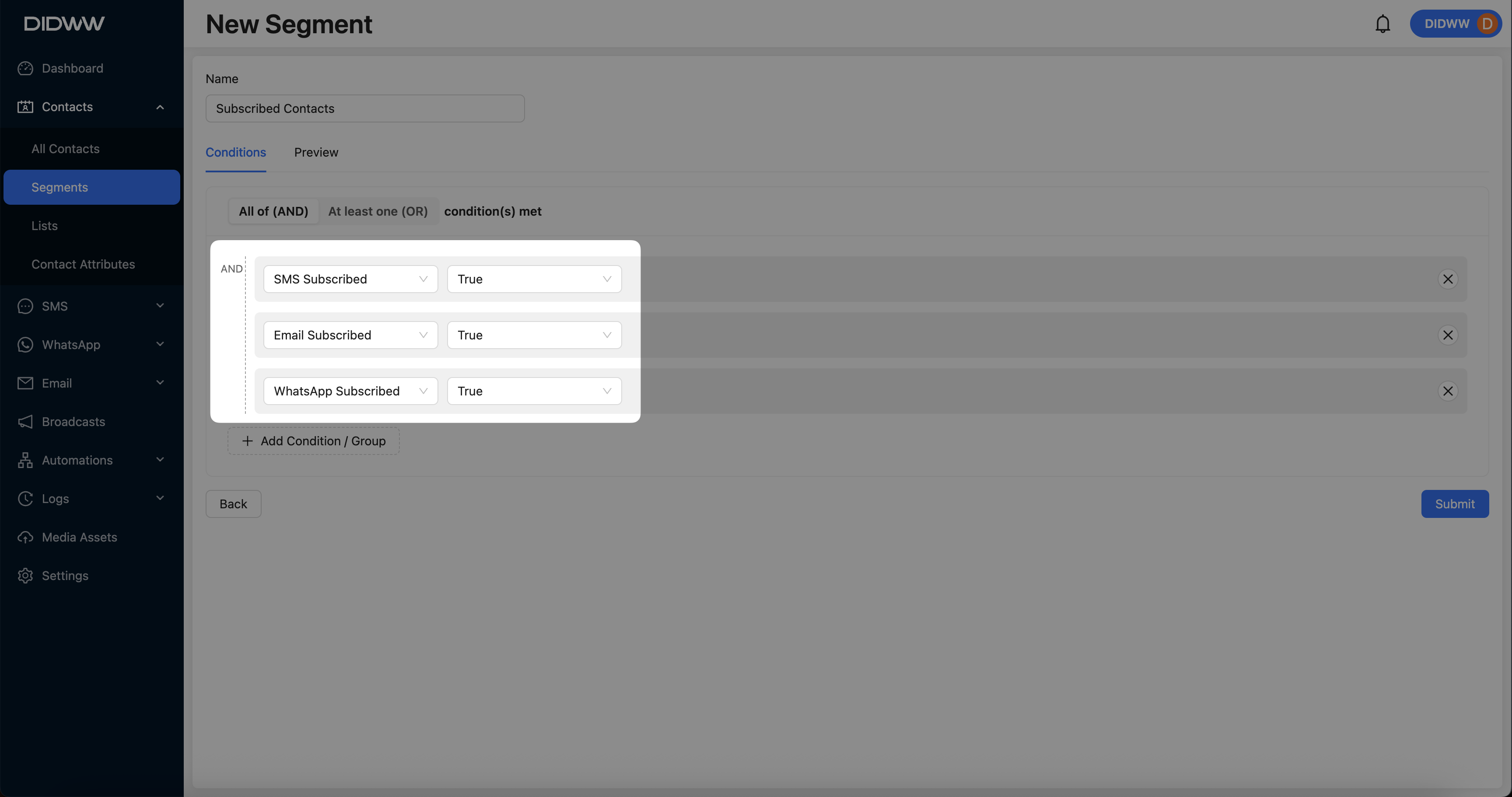 Contact attributes for segmentation