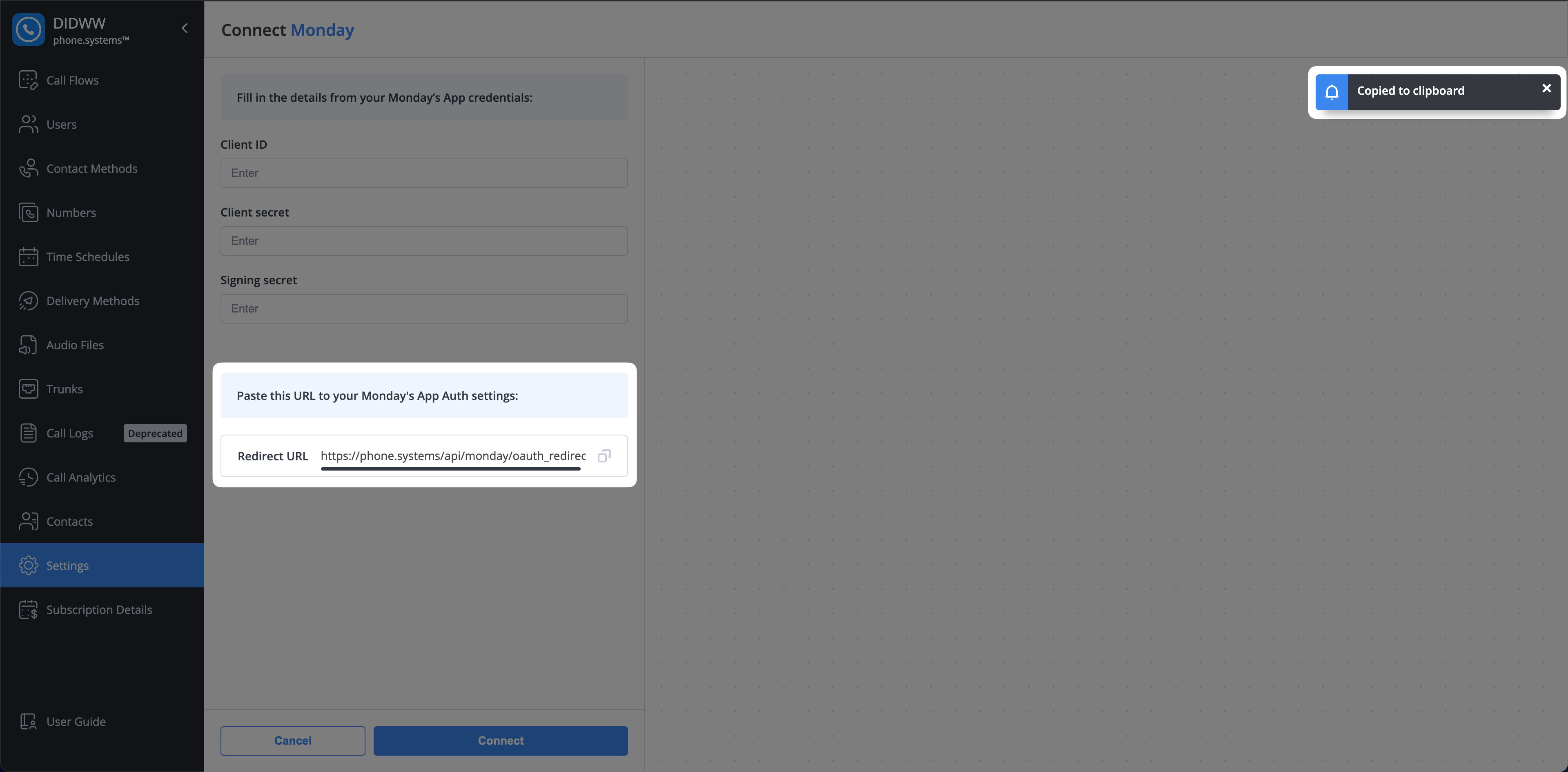 Copy the Redirect URL