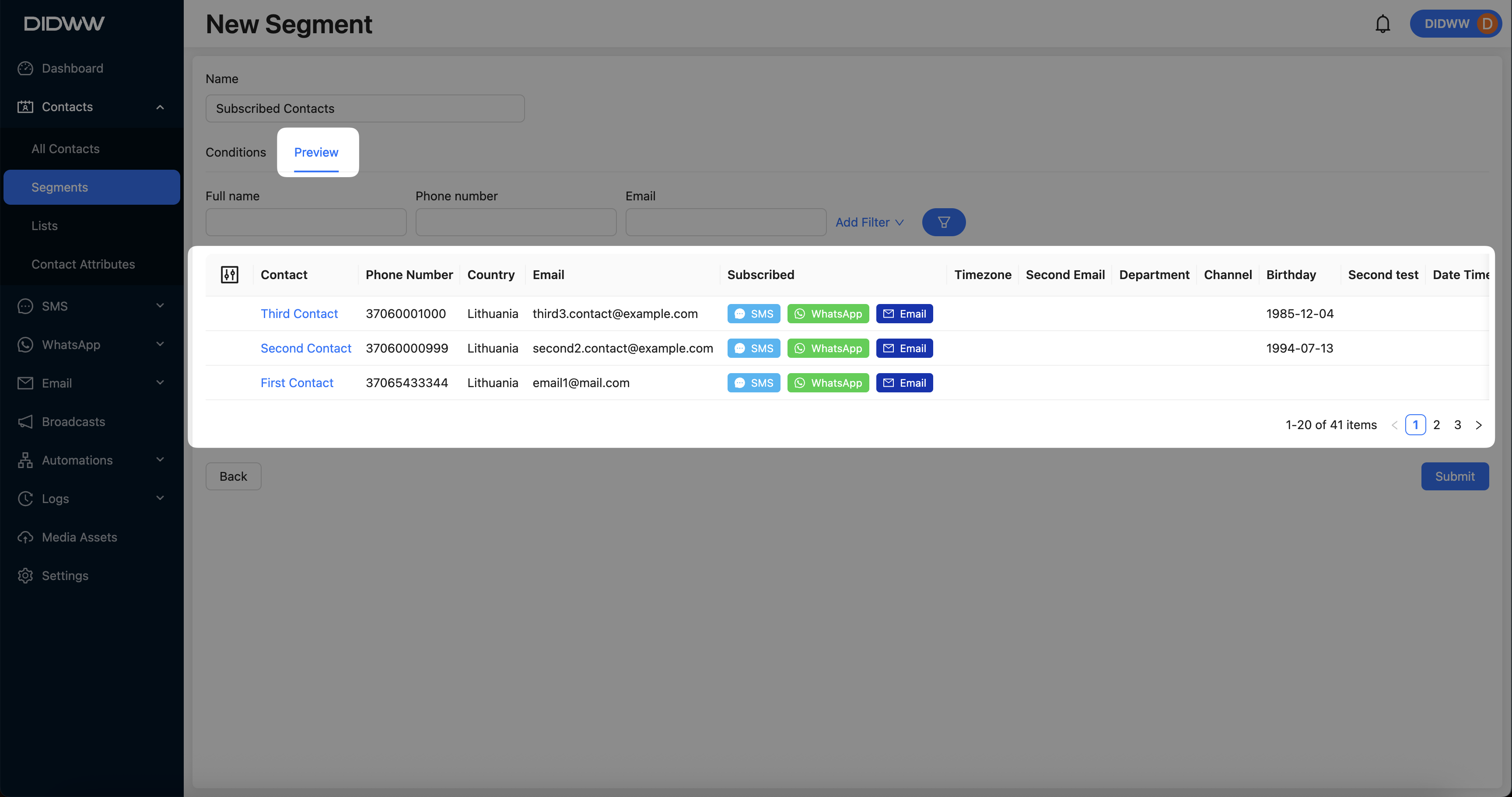 Segment preview screen