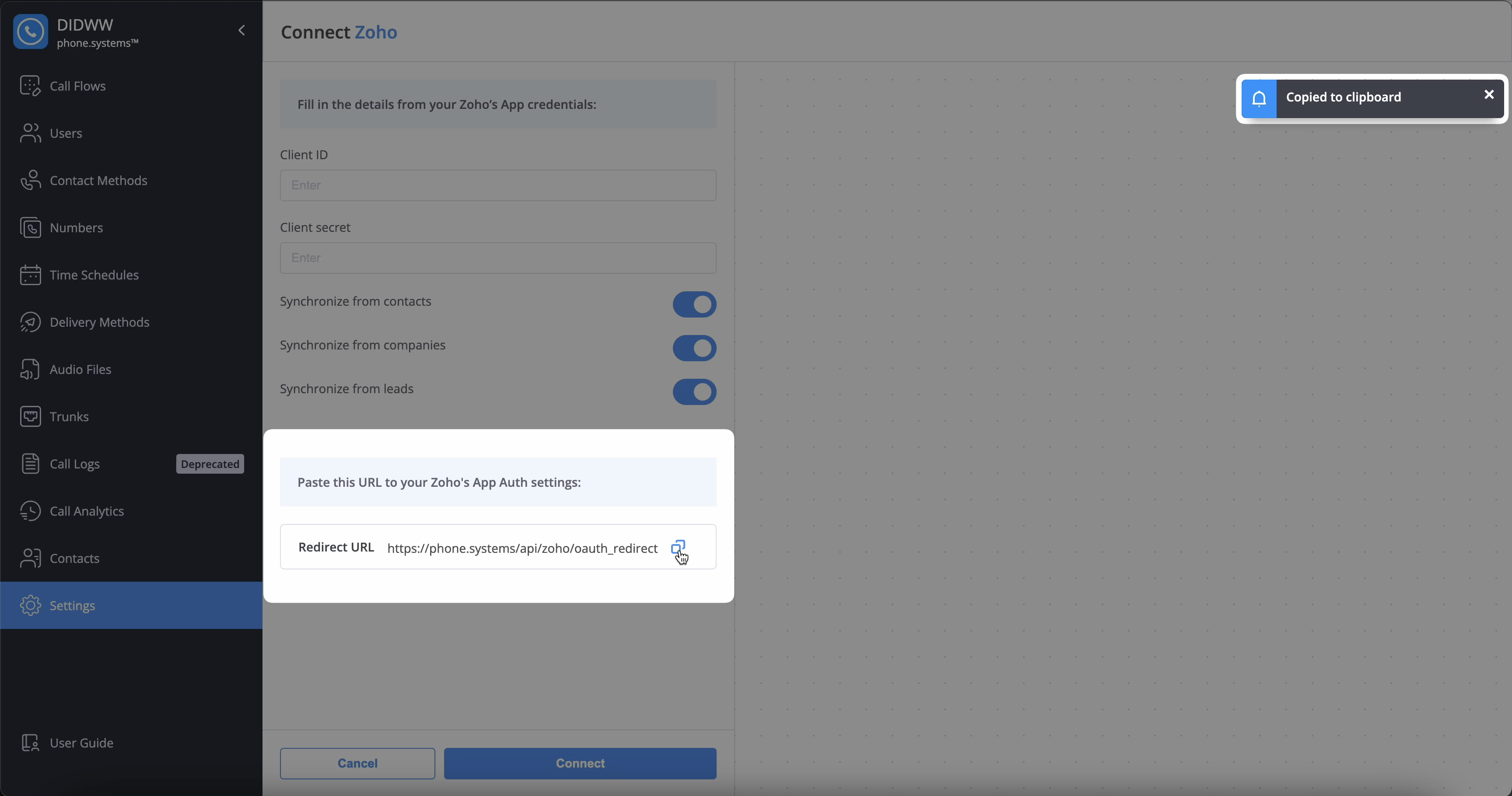 Copy the Redirect URL