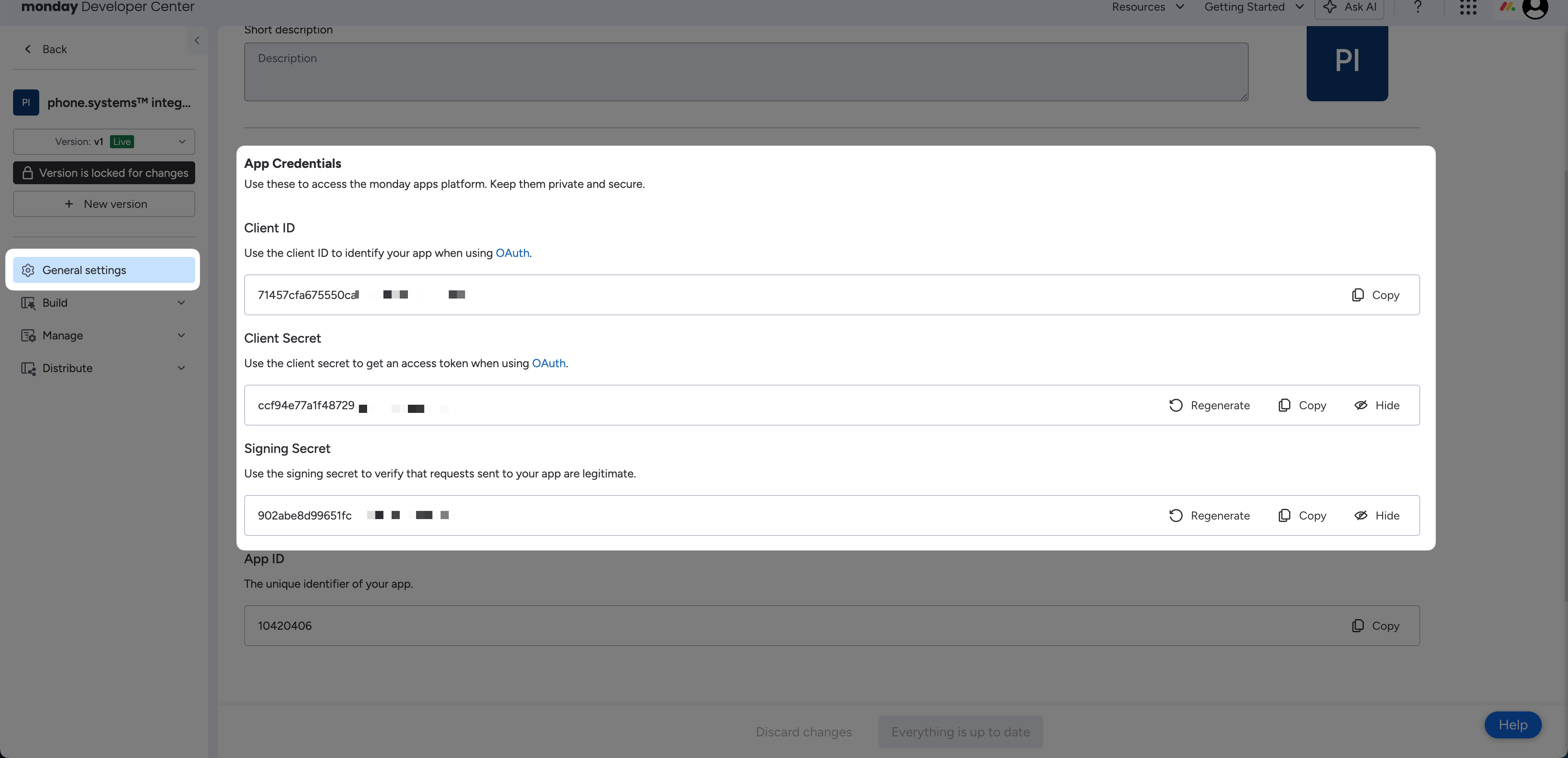 Copy Client ID, Client Secret, and Signing Secret