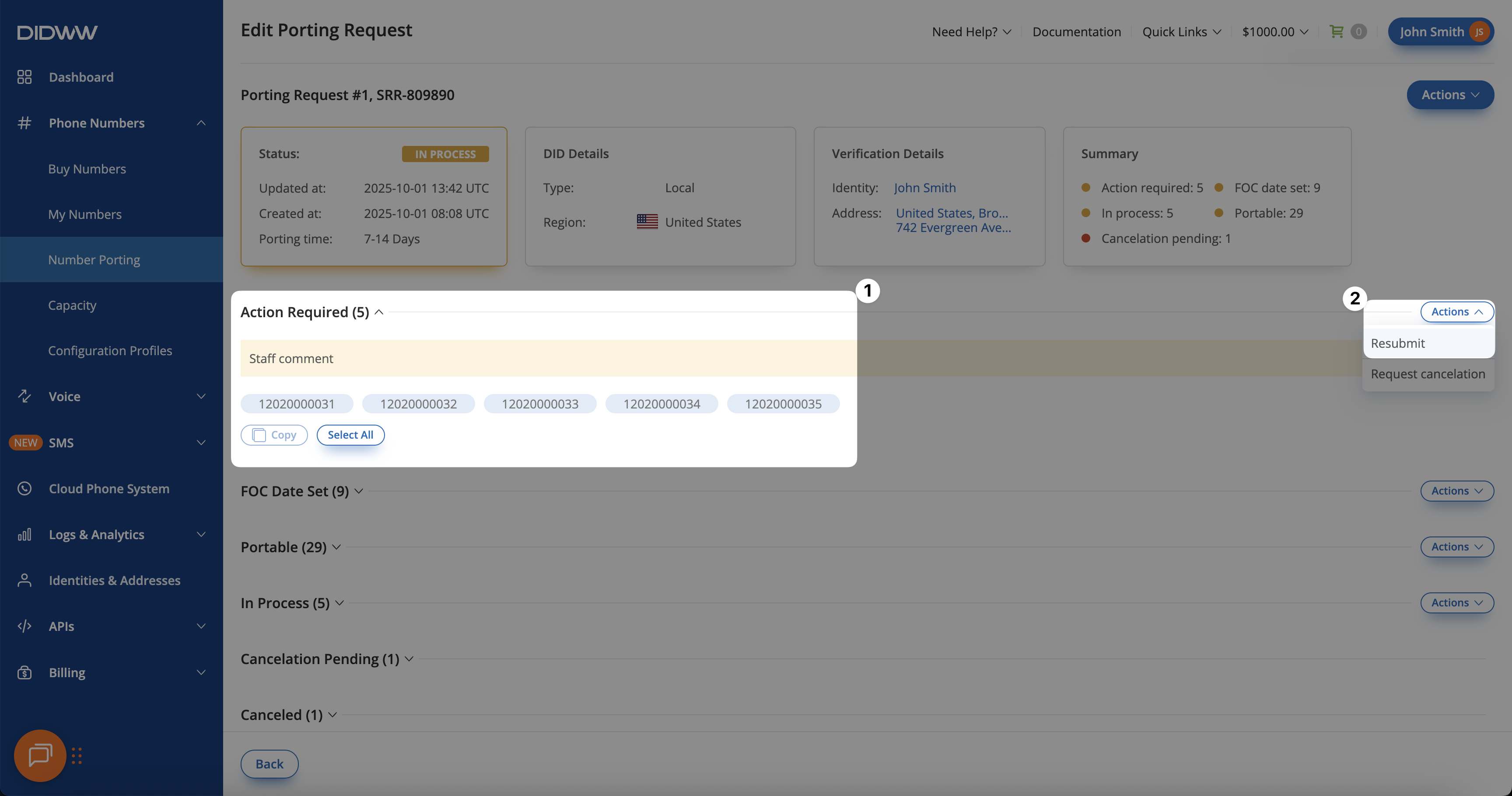 Resubmit action for Action Required numbers