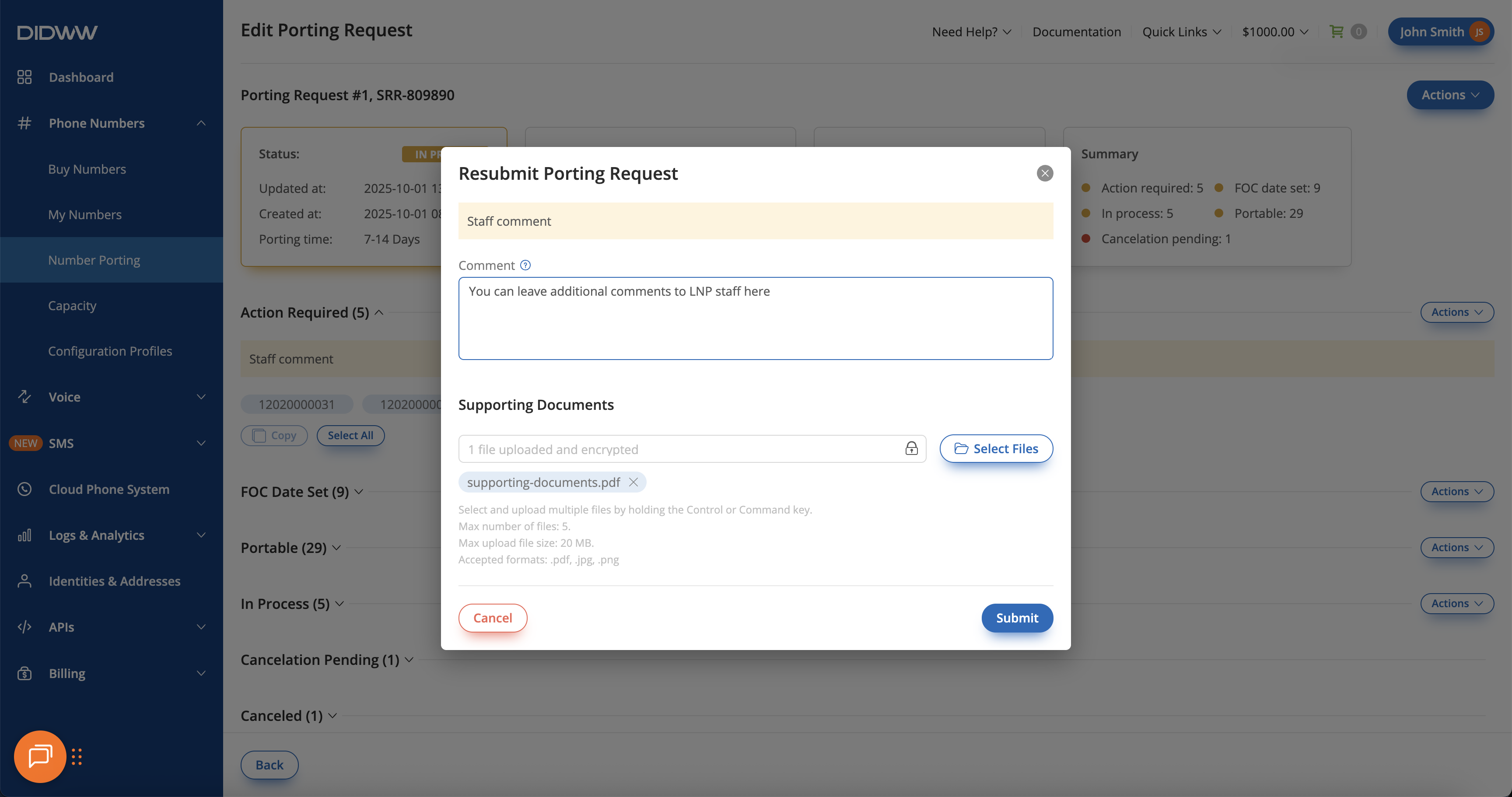 Resubmit Porting Request popup