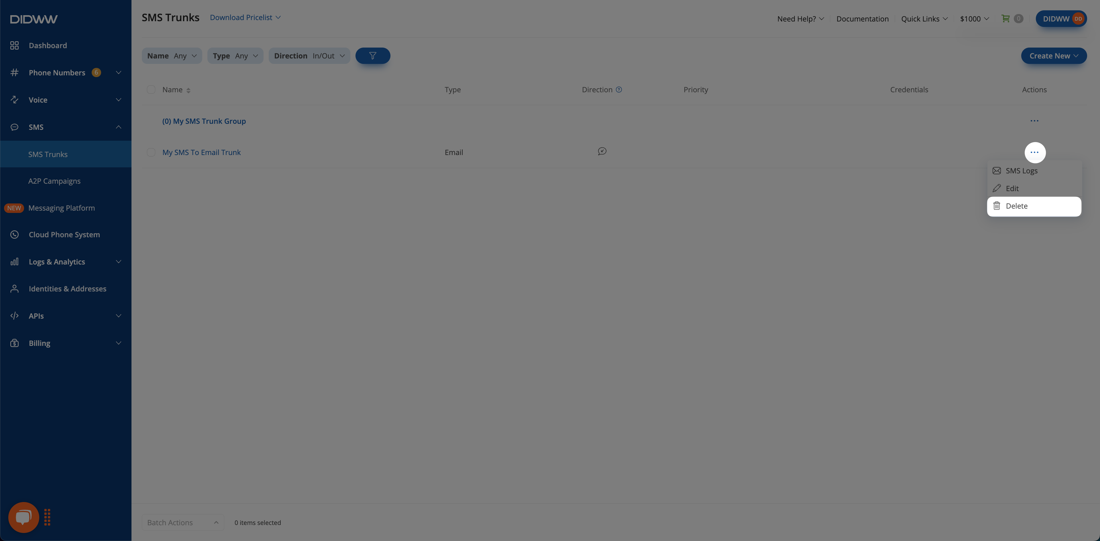 Accessing the Delete option for an SMS to Email Trunk.