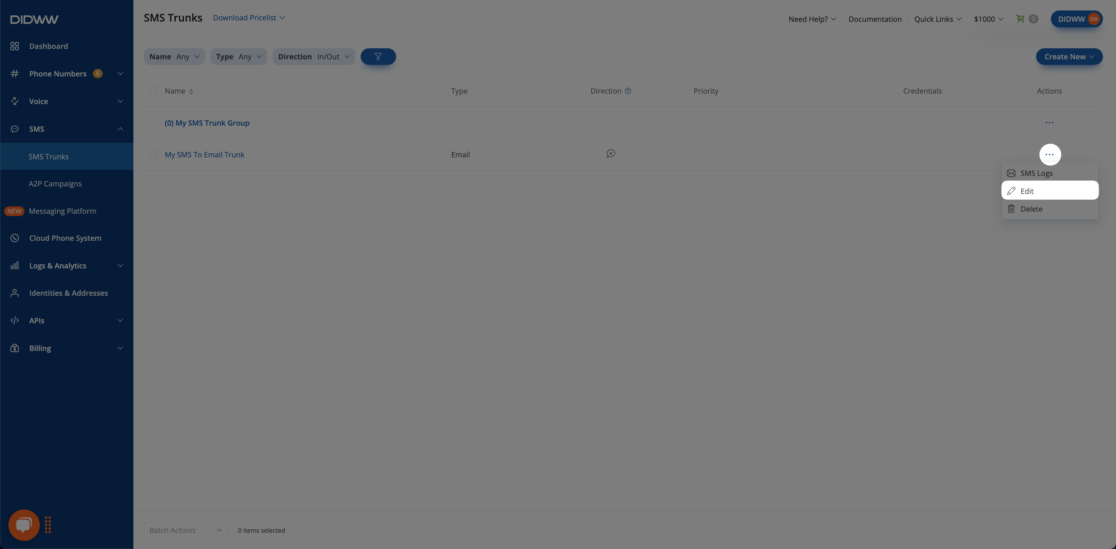 Accessing the Edit option for an SMS to Email Trunk.