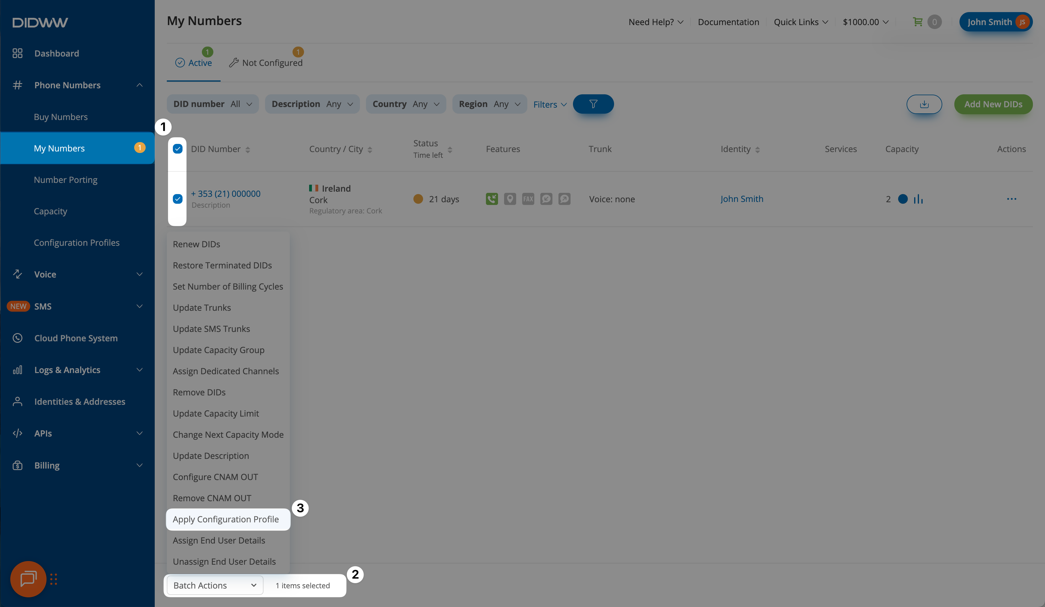 Select DID(s) and open Batch Actions to apply a configuration profile.