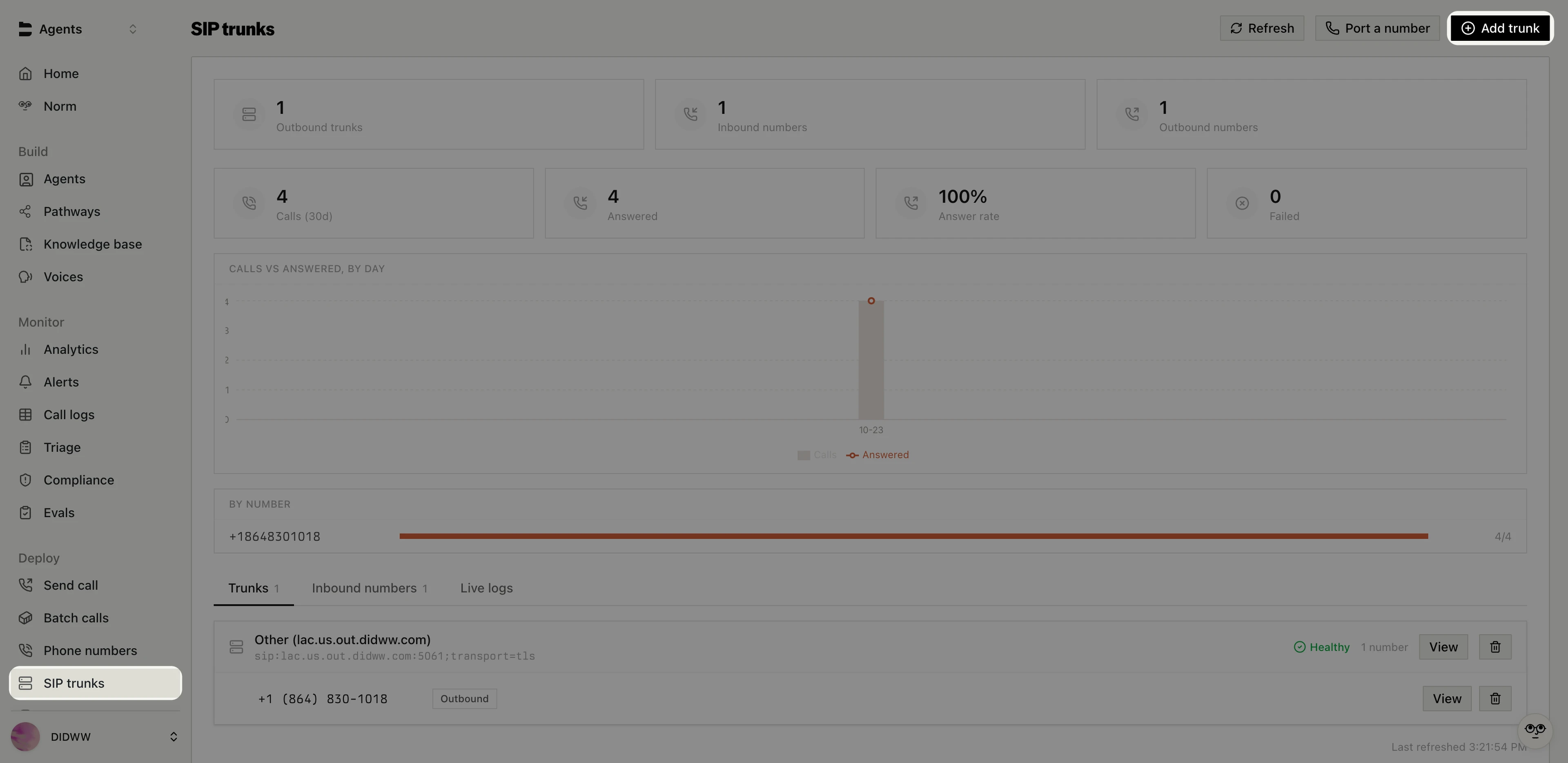 Add trunk button on the Bland AI SIP trunks page