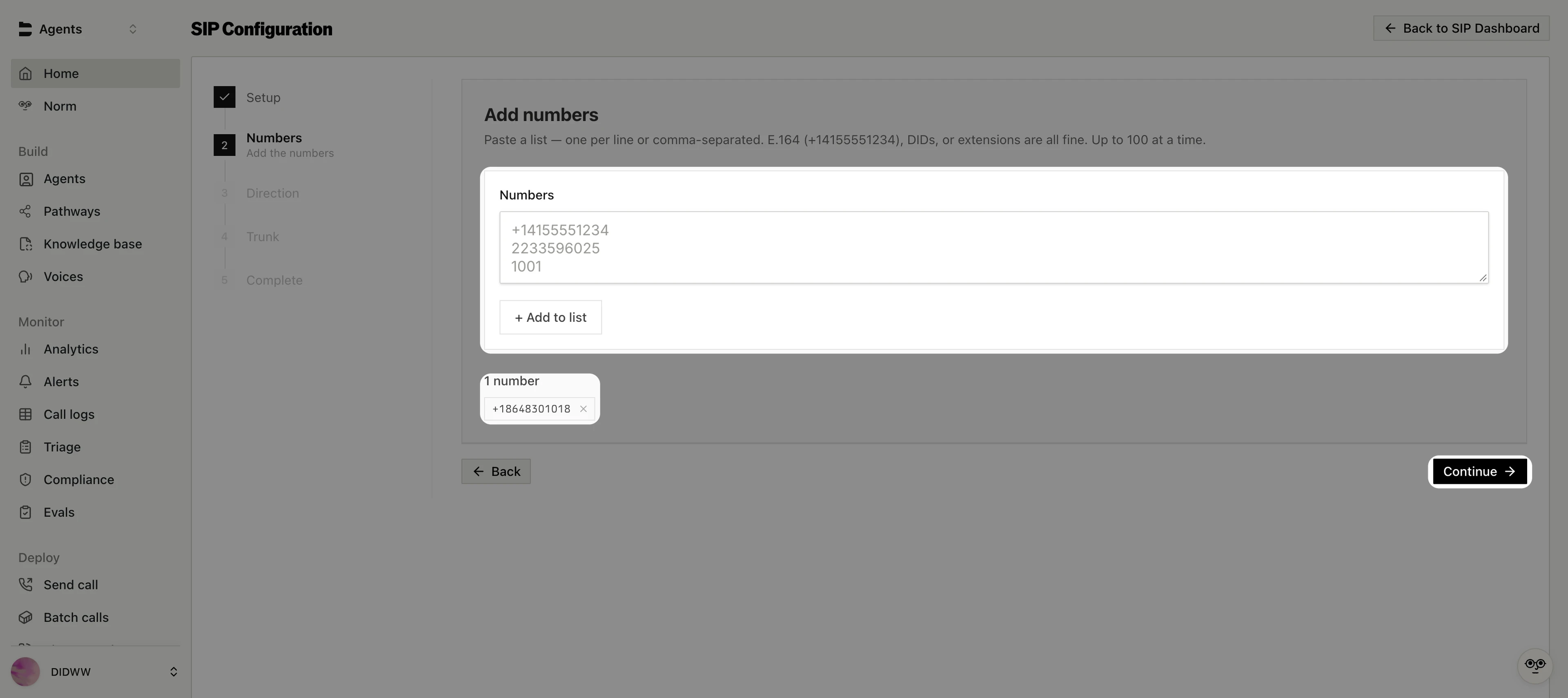 Add numbers step with a DIDWW number added to the list