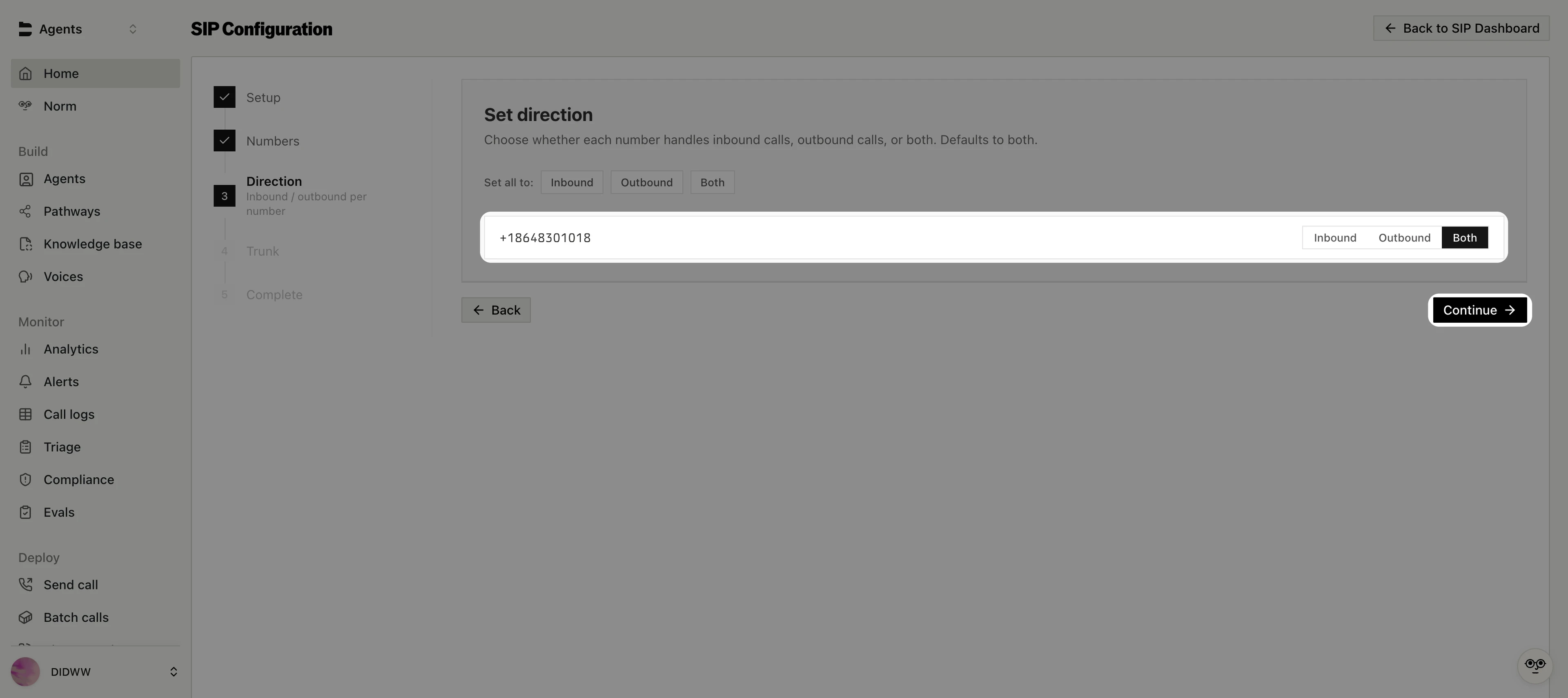 Set direction step with Both selected for the DIDWW number
