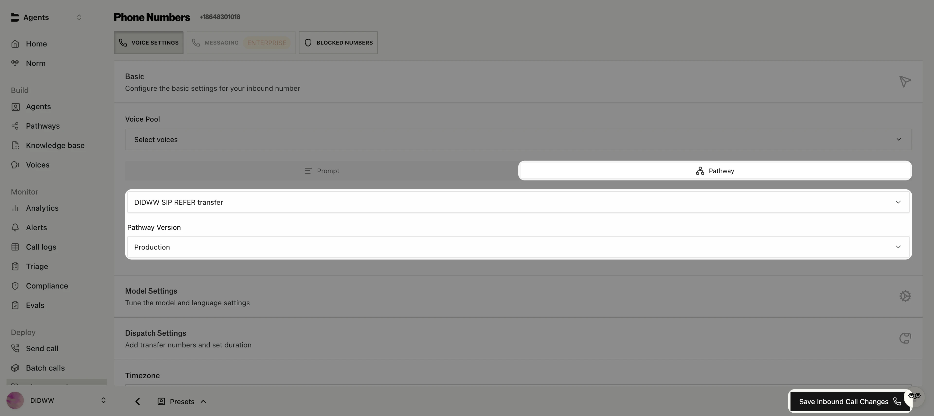 Inbound number settings with a pathway and the Production version selected