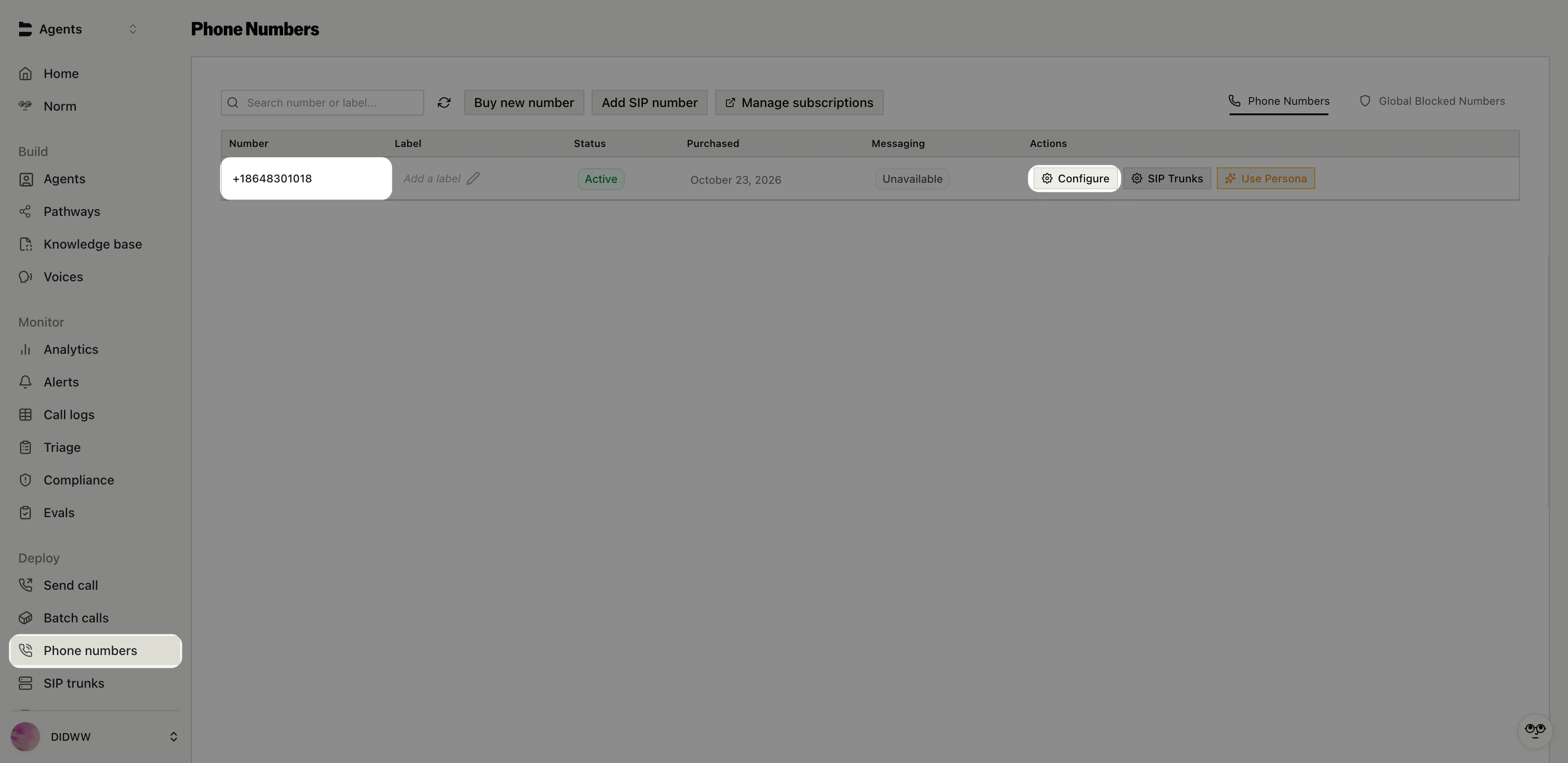 Configure button next to the DIDWW number on the Bland AI Phone Numbers page