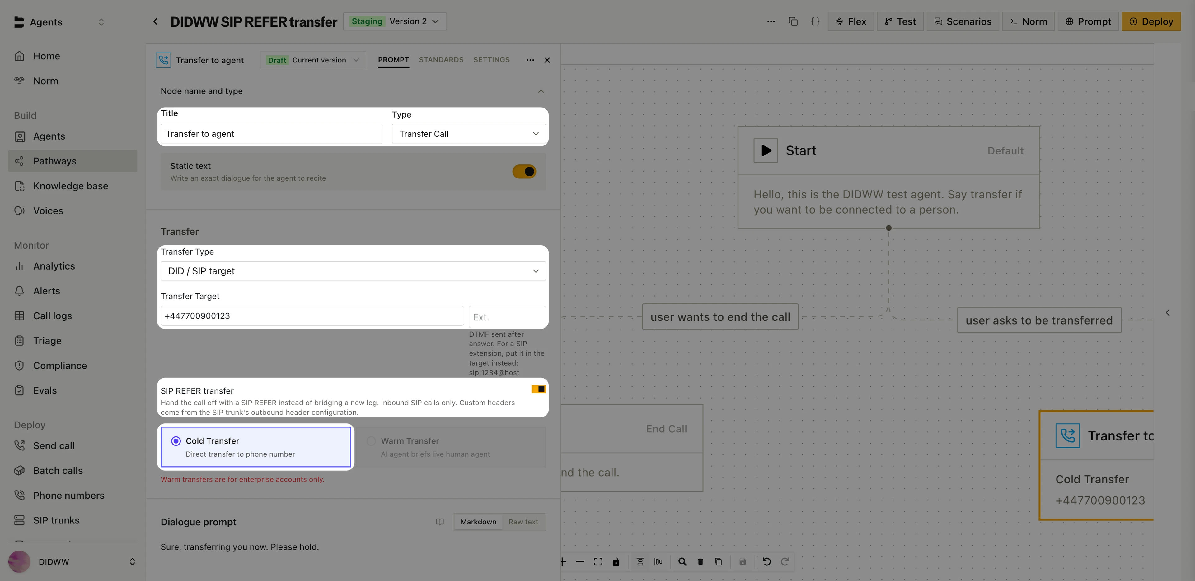 Transfer Call node with DID or SIP target, the destination number, SIP REFER transfer, and Cold Transfer selected