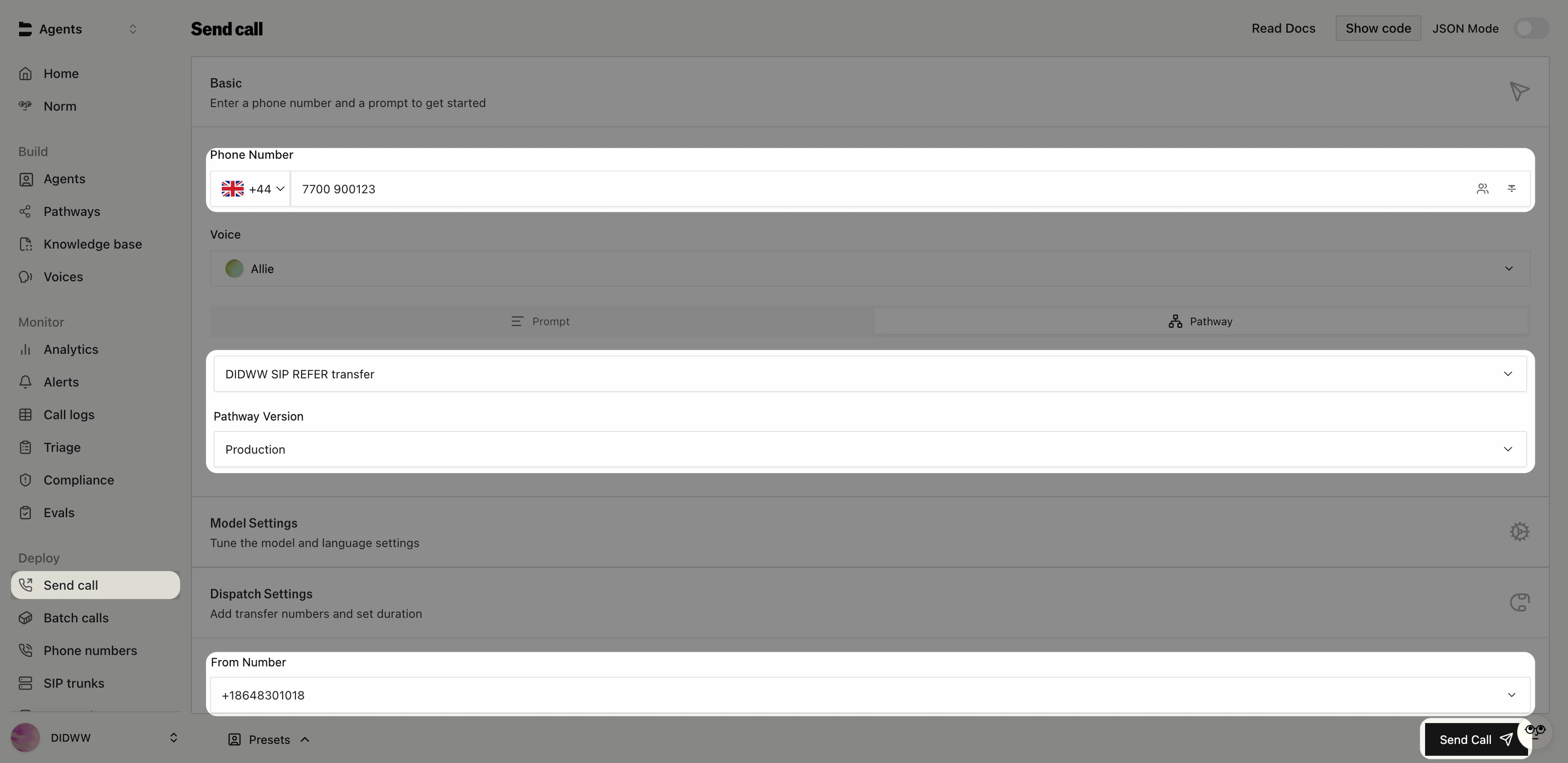 Send call page with the DIDWW number selected as the From Number
