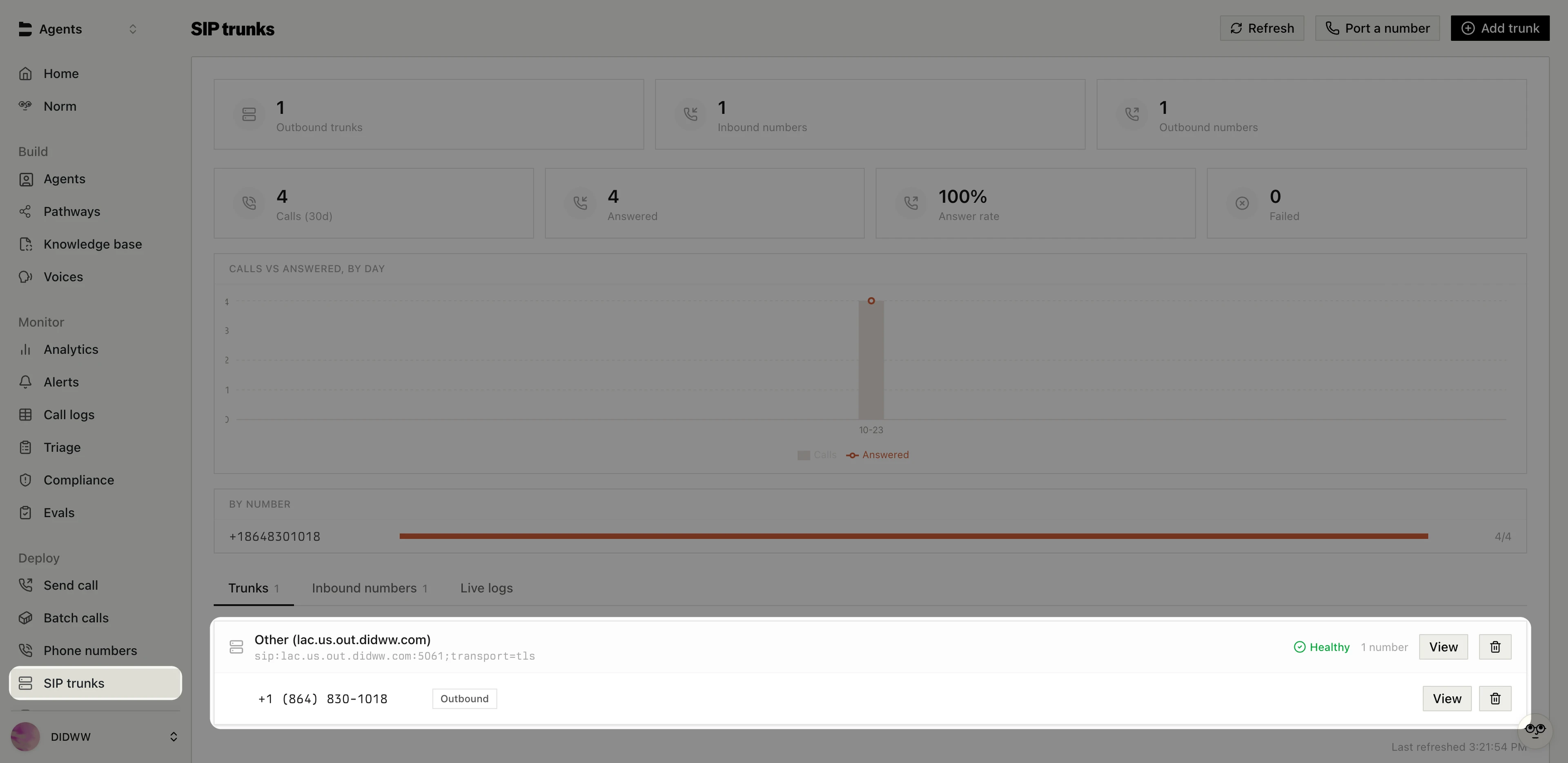 SIP trunks page showing the DIDWW trunk as Healthy with one number attached