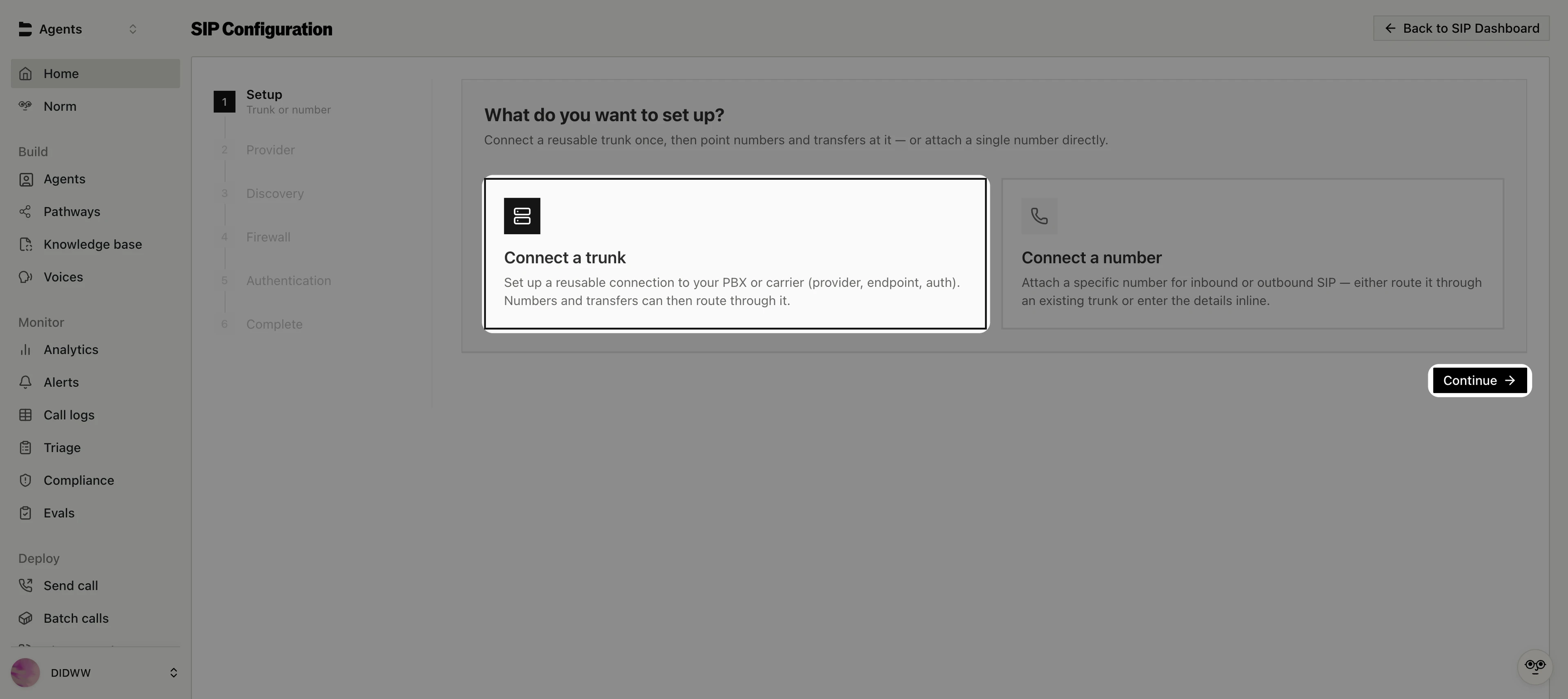 Connect a trunk option in the Bland AI SIP Configuration wizard