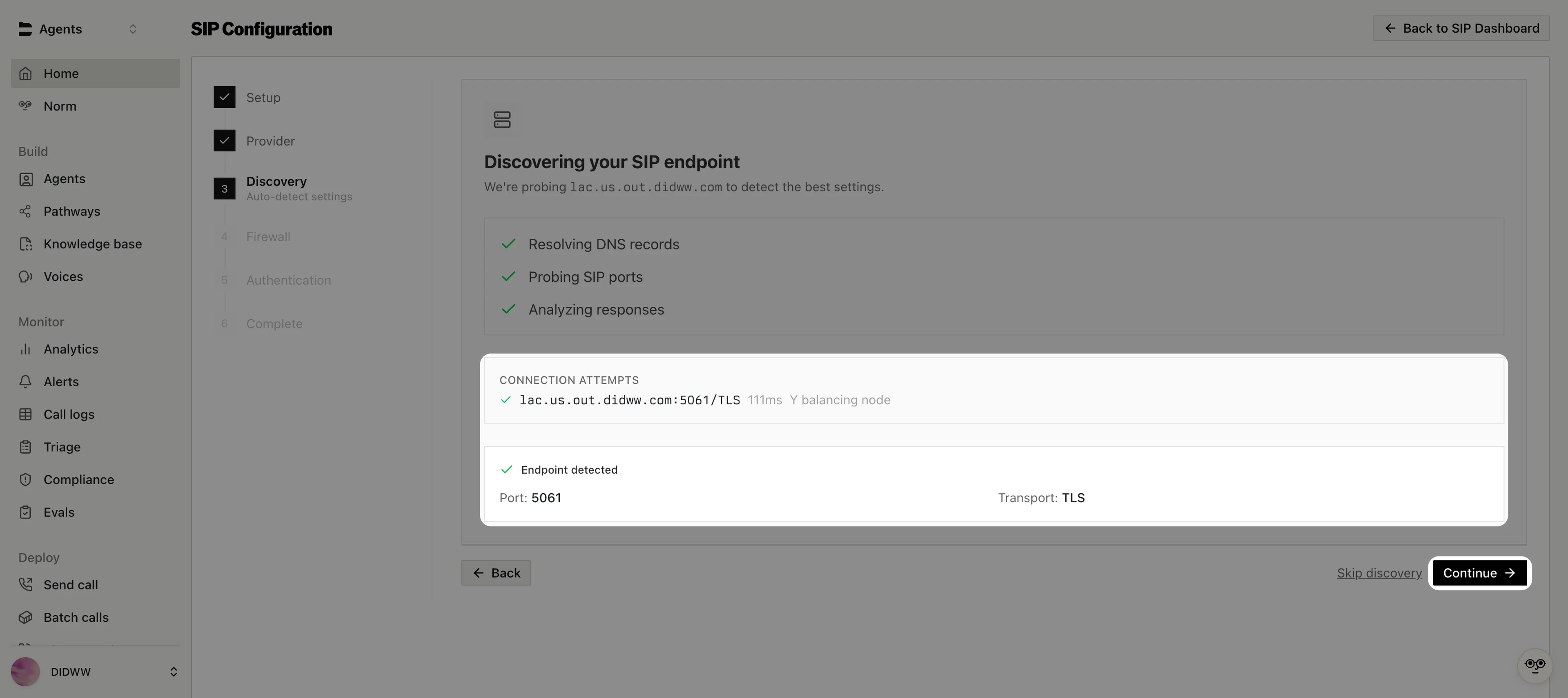 Discovery step showing a successful TLS connection to the DIDWW endpoint