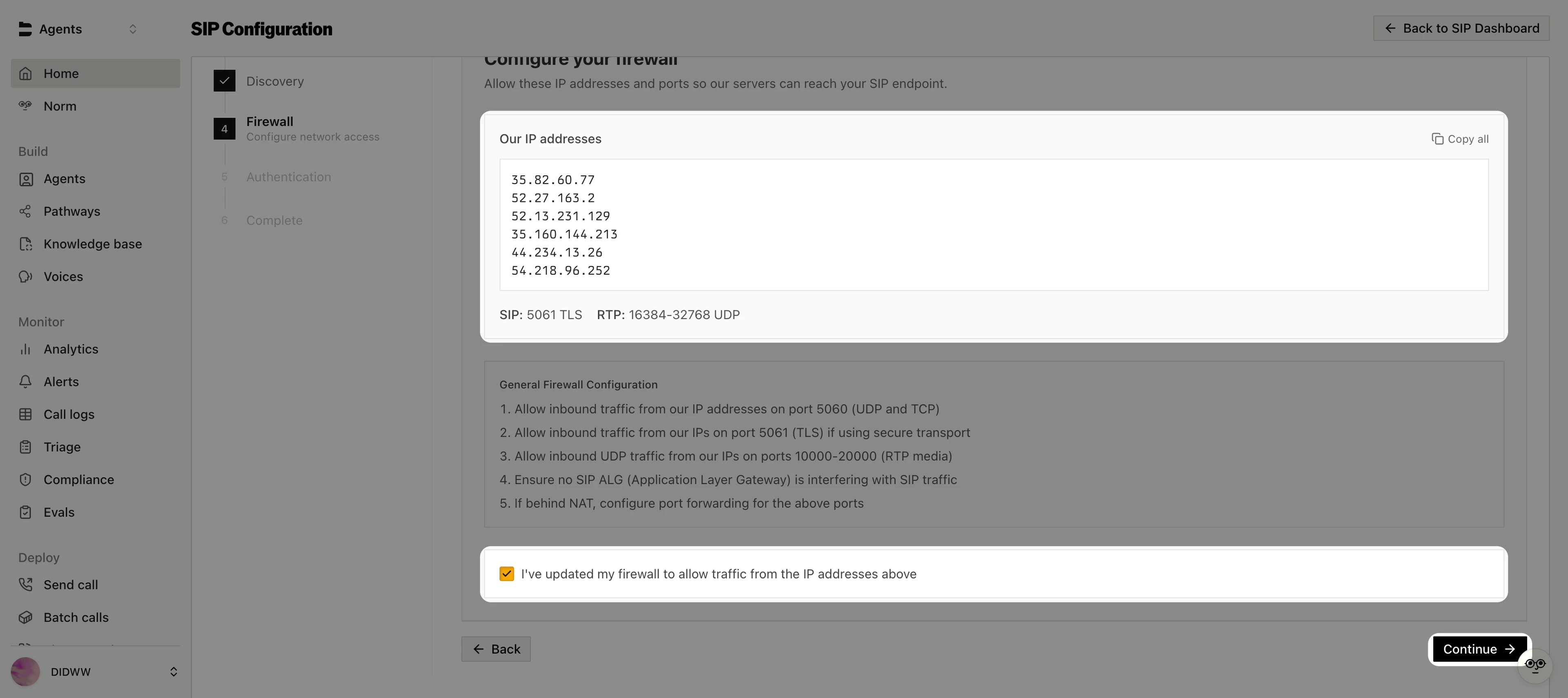 Firewall step with the Bland AI IP addresses and the confirmation checkbox selected