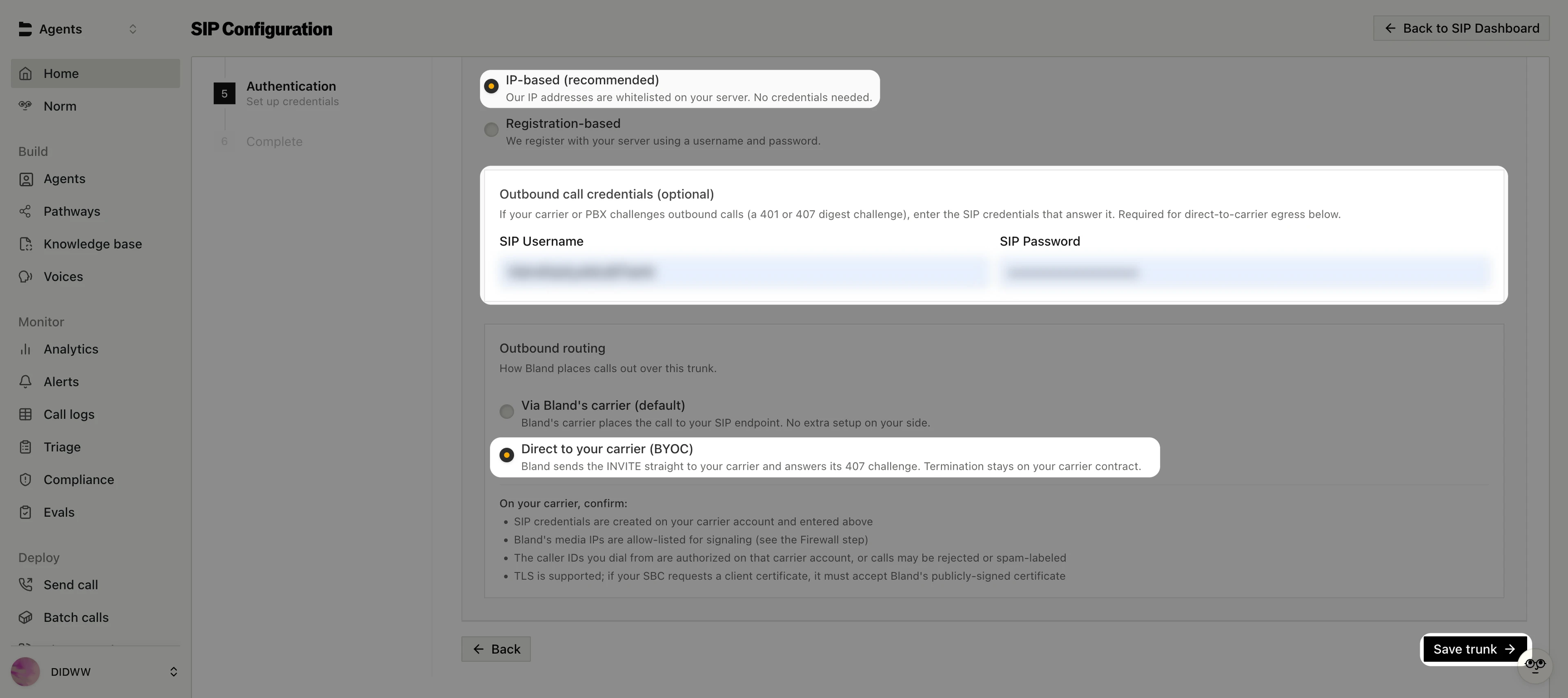 Authentication step with IP-based mode, outbound call credentials, and BYOC routing selected