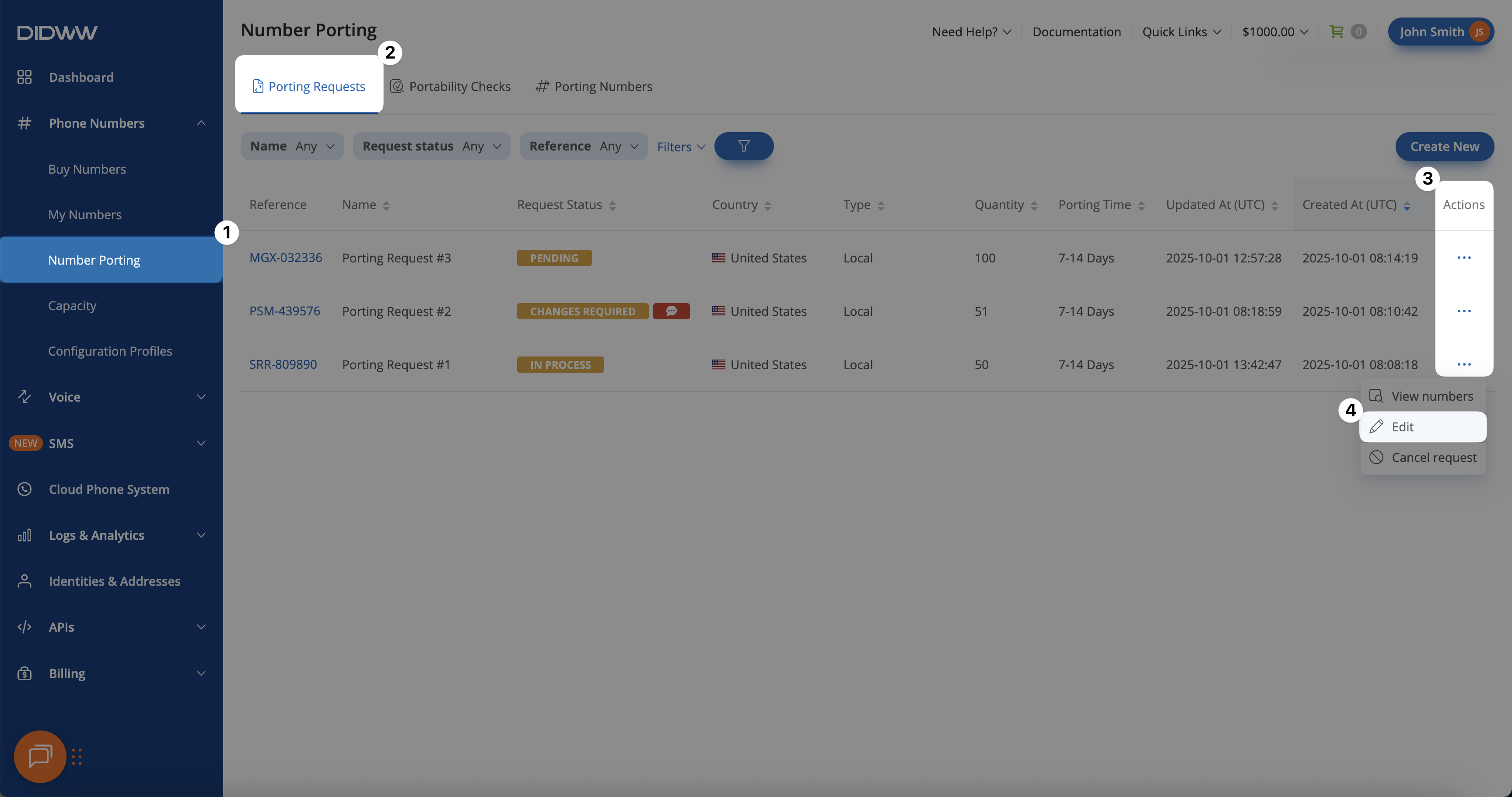 Open Porting Request Edit Page