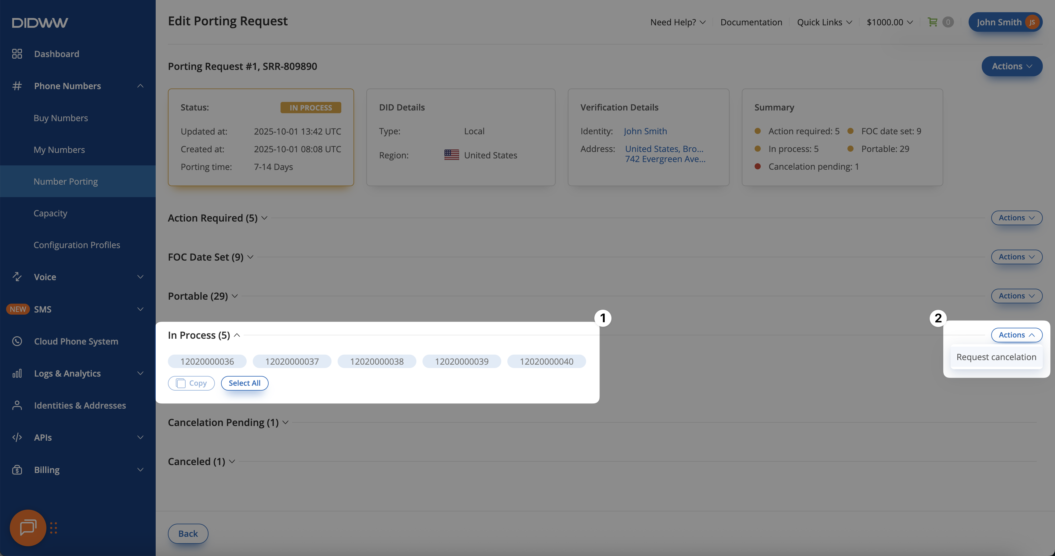 Selecting porting number status group