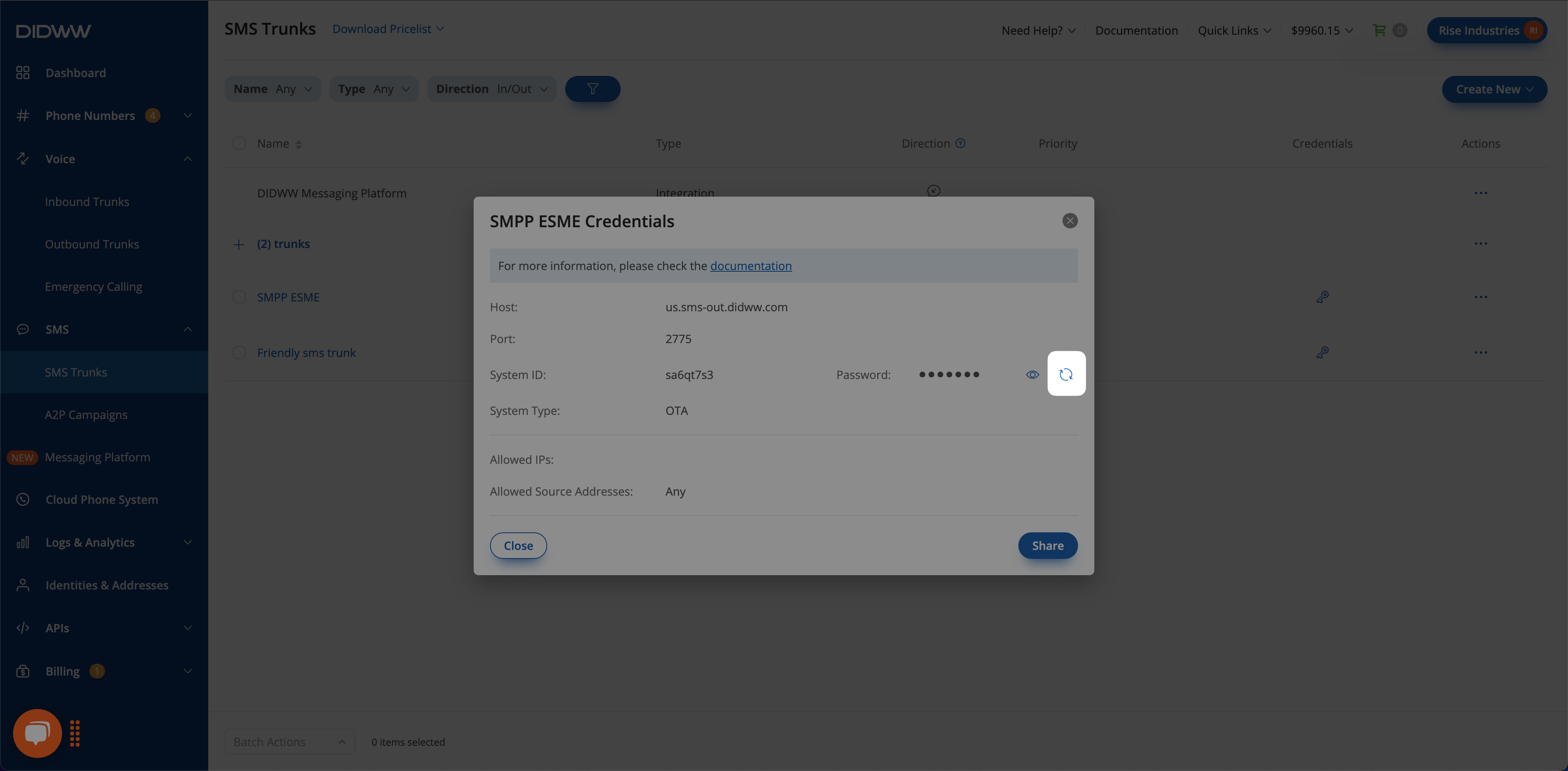 Regenerating the password for an SMPP ESME Trunk.
