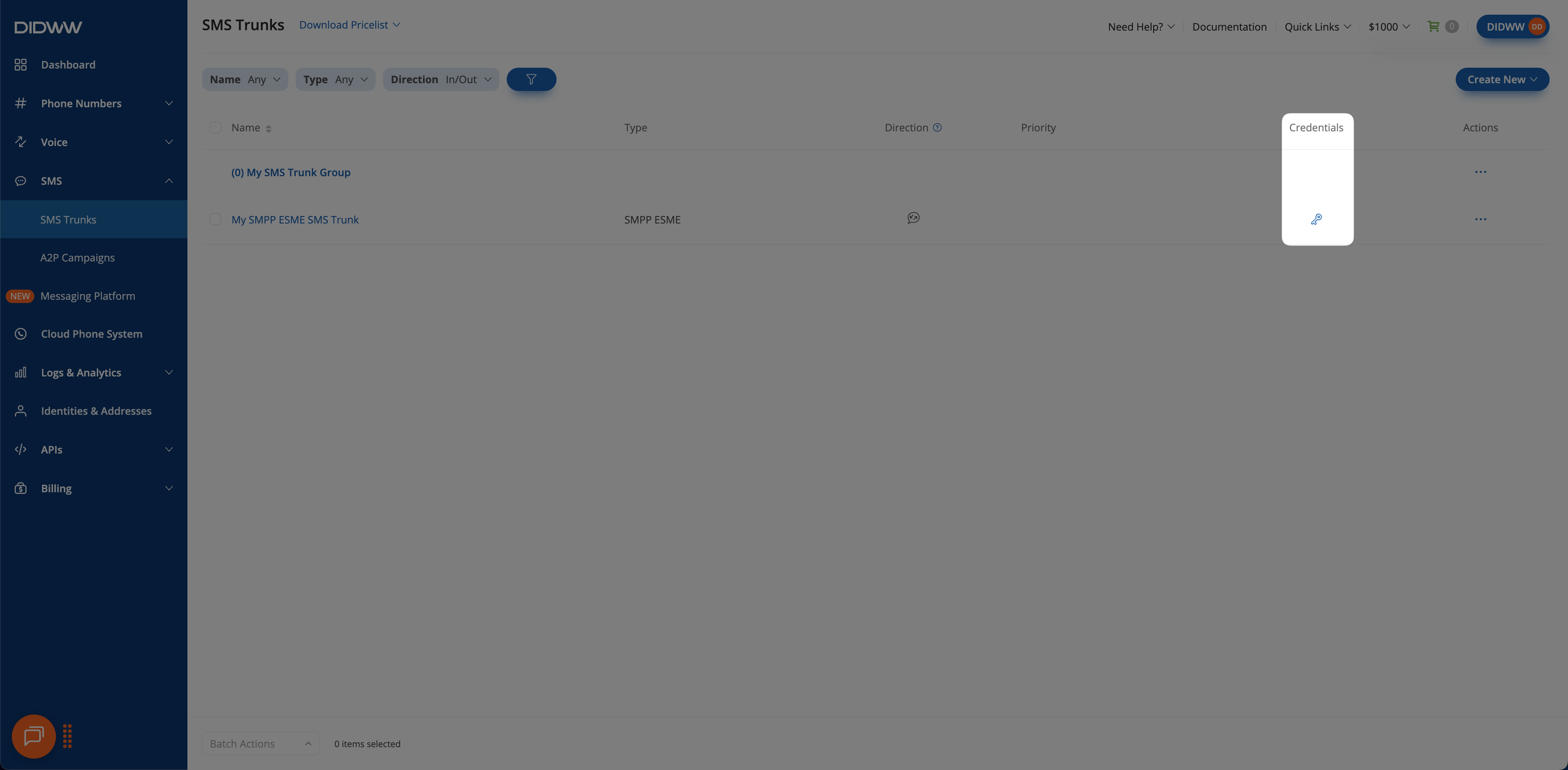 The credentials button in the SMS Trunks list.