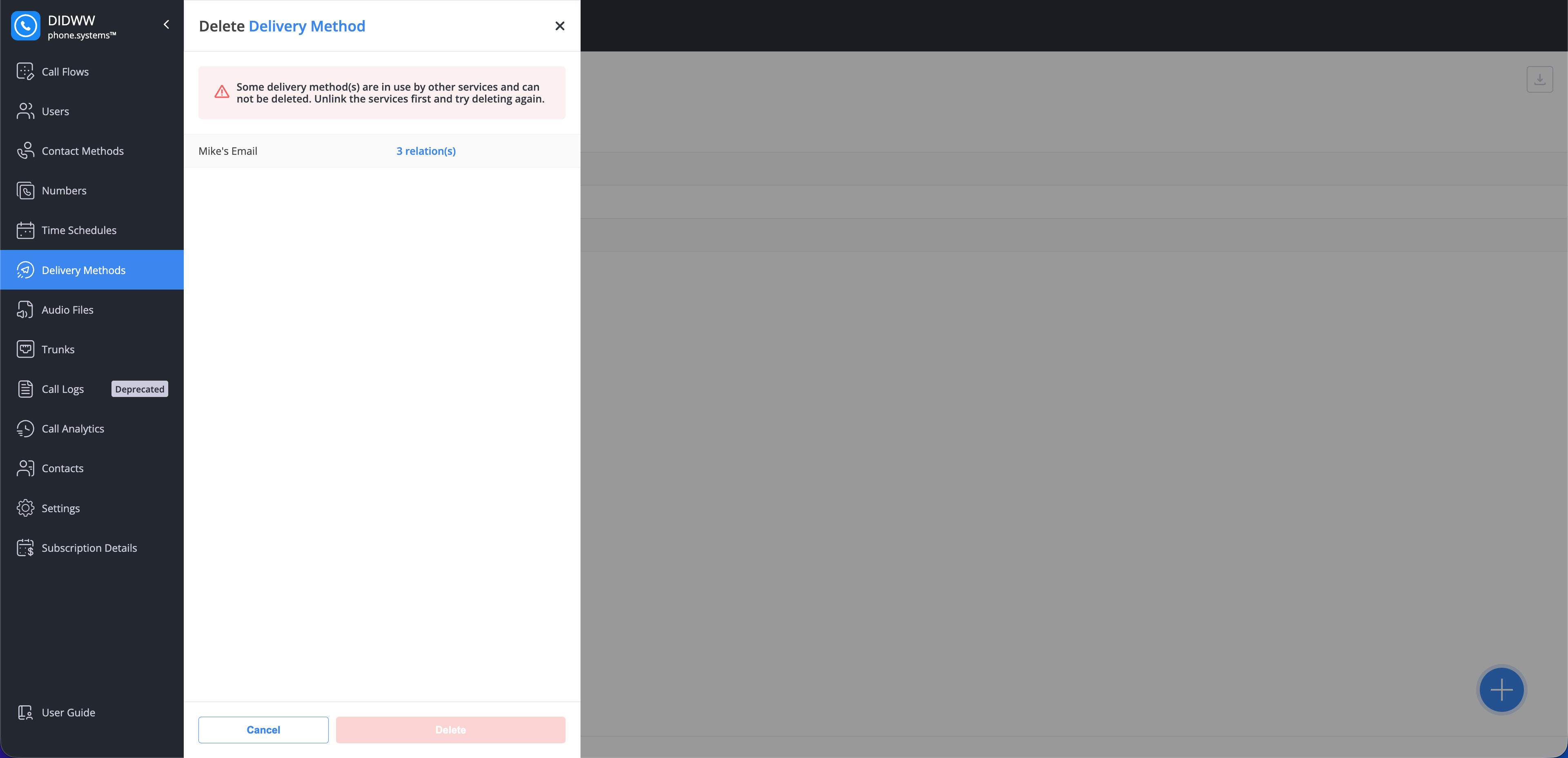 Delete dialog showing active relations
