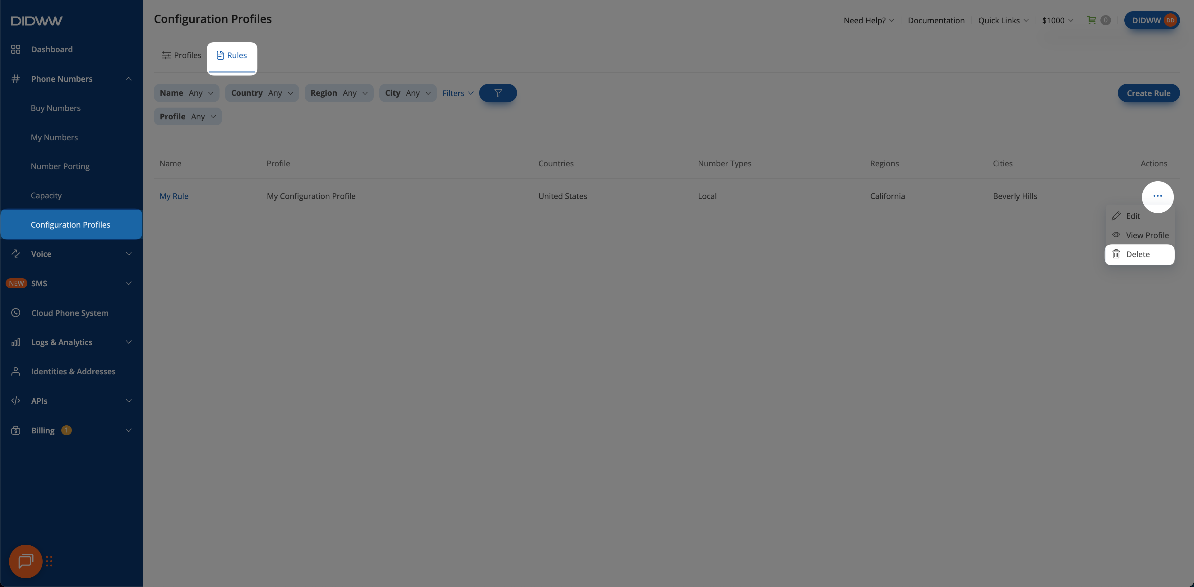 The Delete button in the actions menu for a rule.