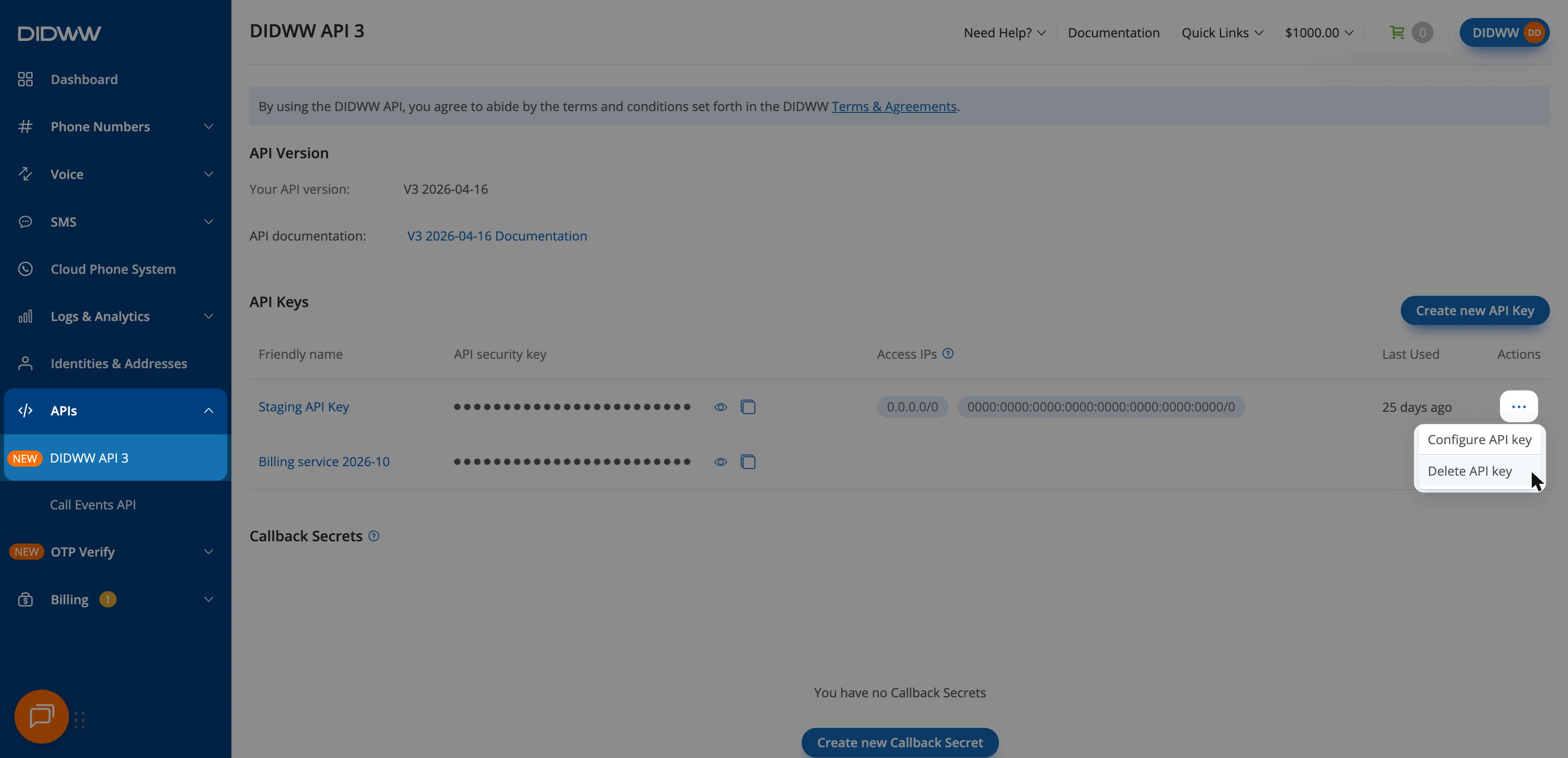 Delete API key option in the Actions menu of the API Keys table.