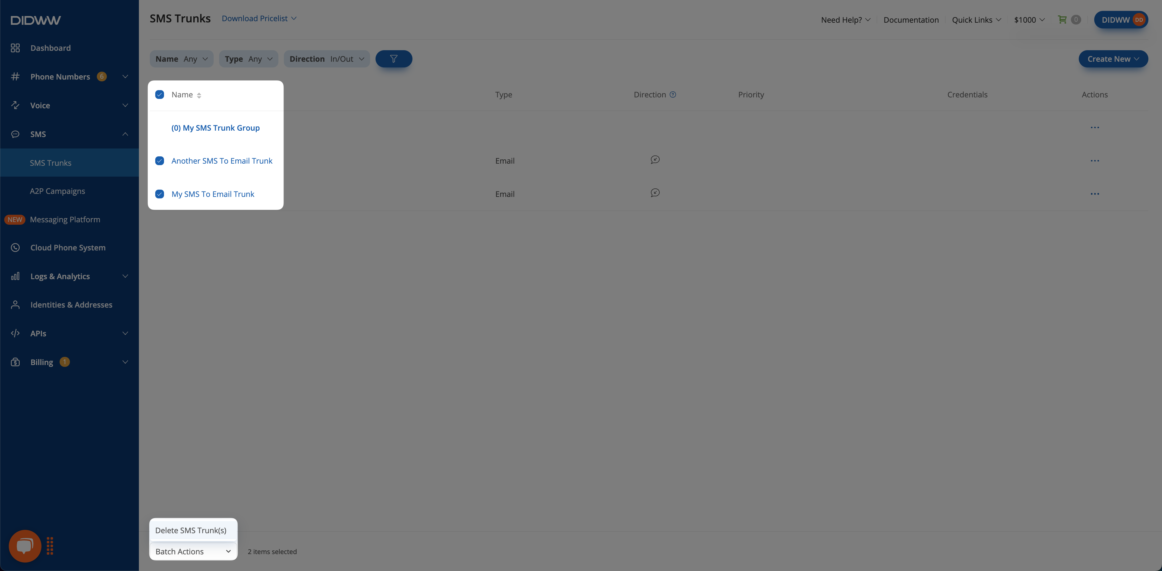 Using Batch Actions to delete multiple trunks.