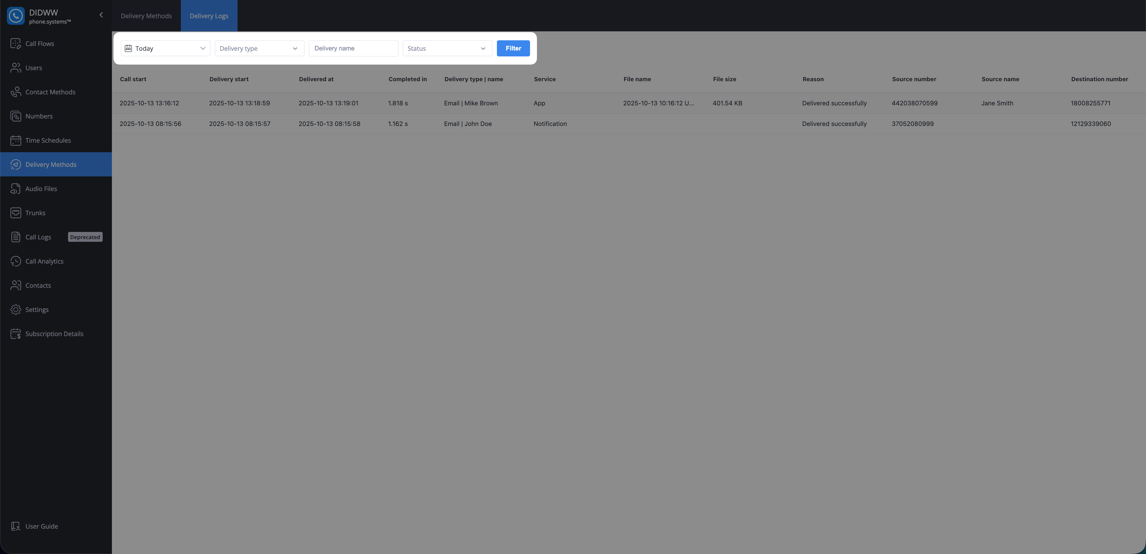 Delivery Log Filters
