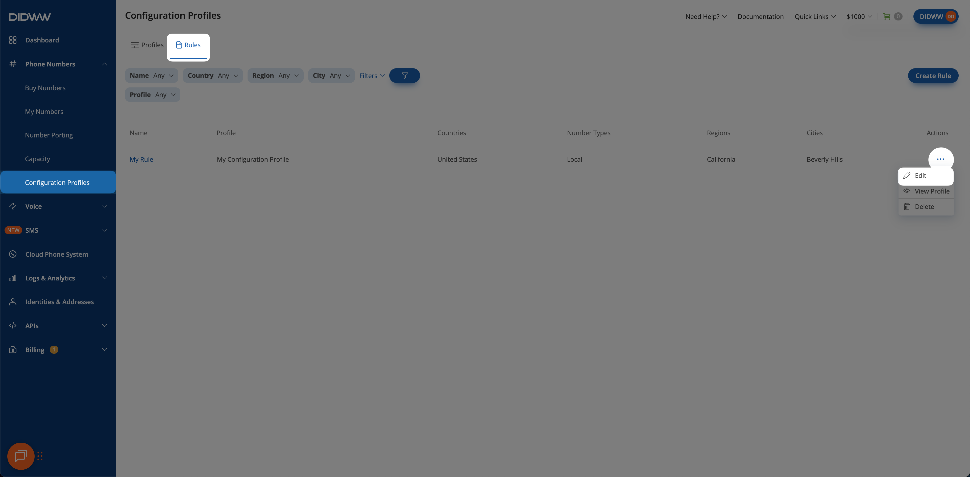 The Edit button in the actions menu for a rule.