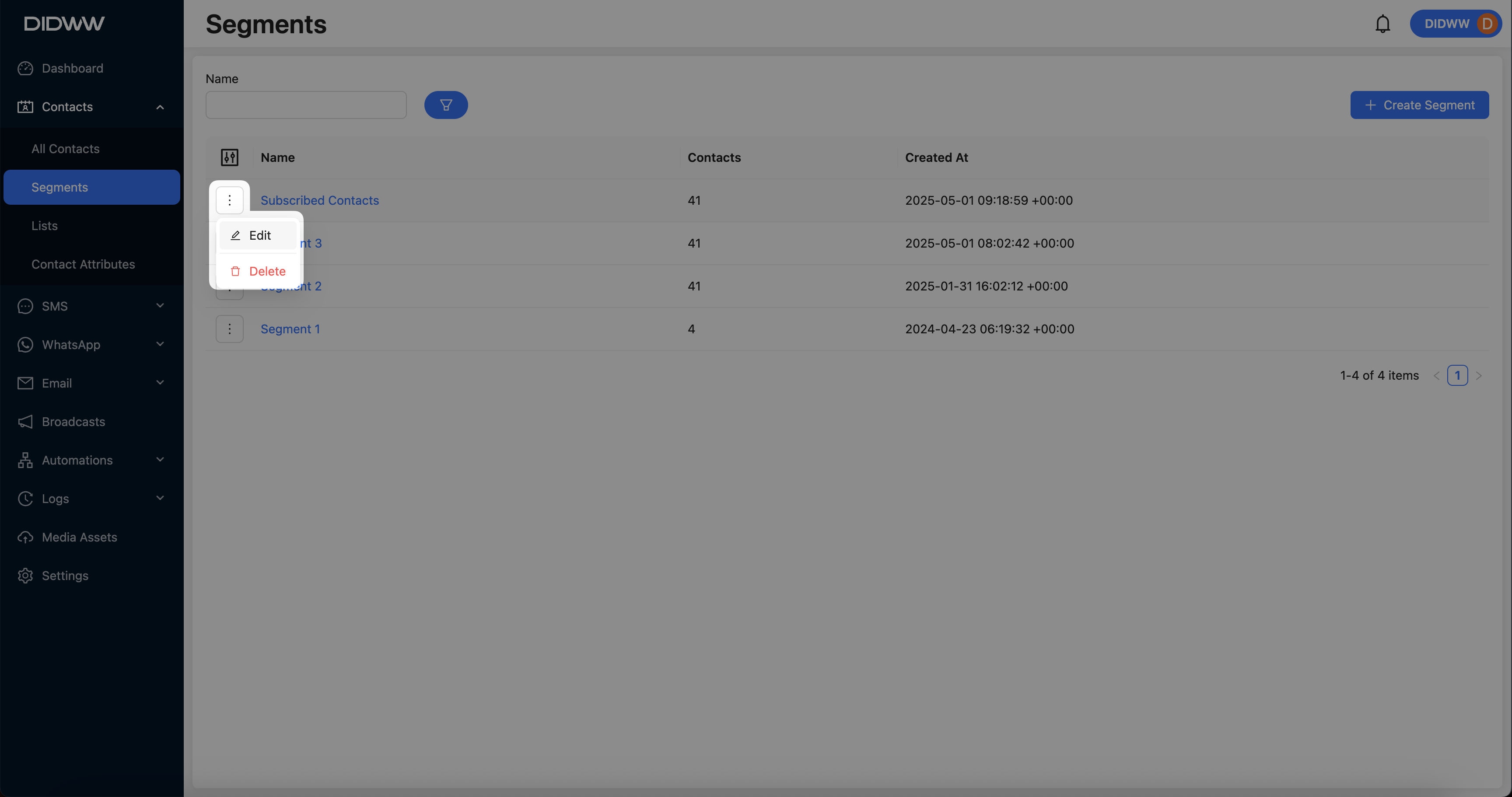 Actions button for segment management