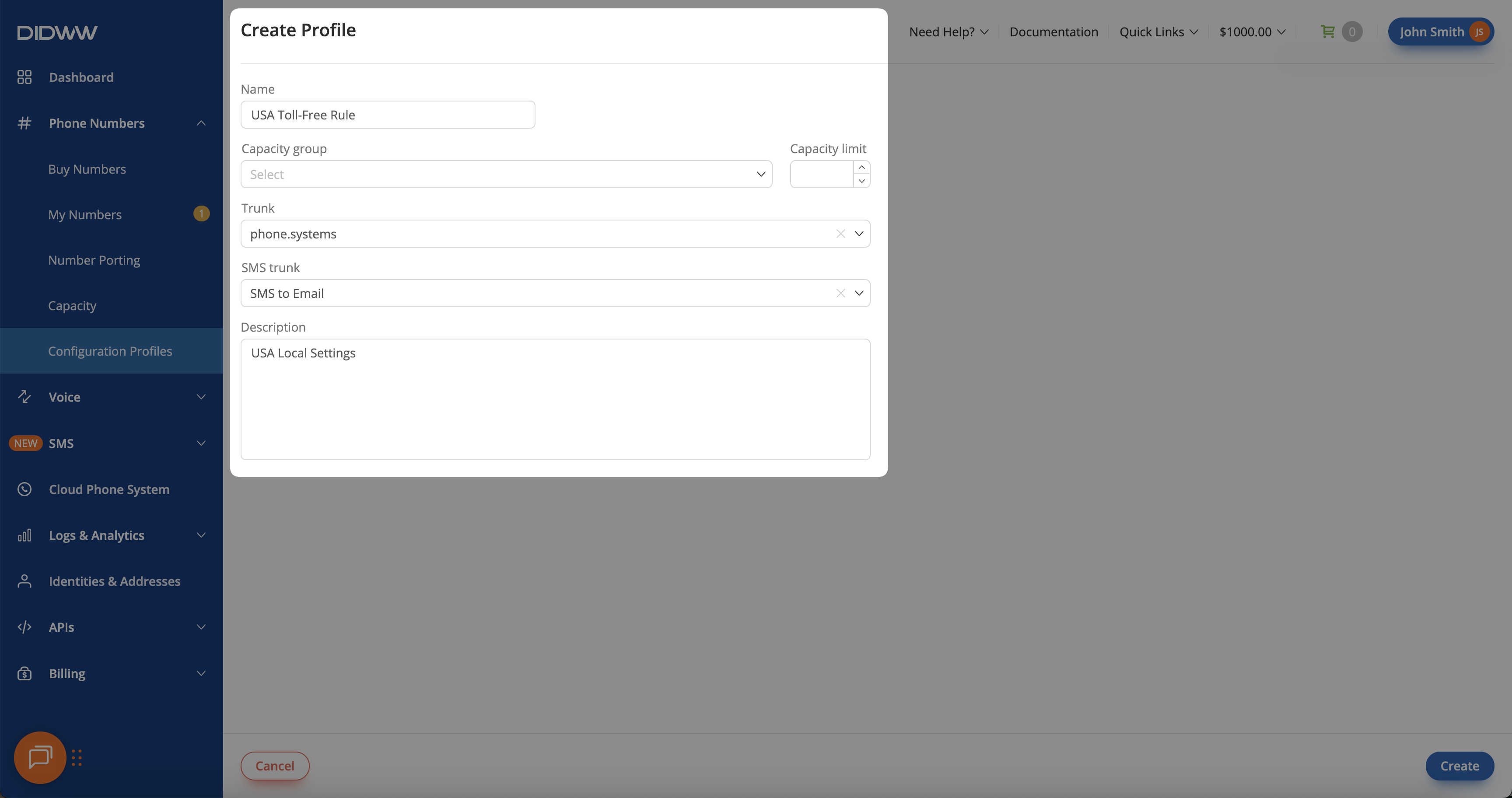 Creating the US Toll-Free Profile.