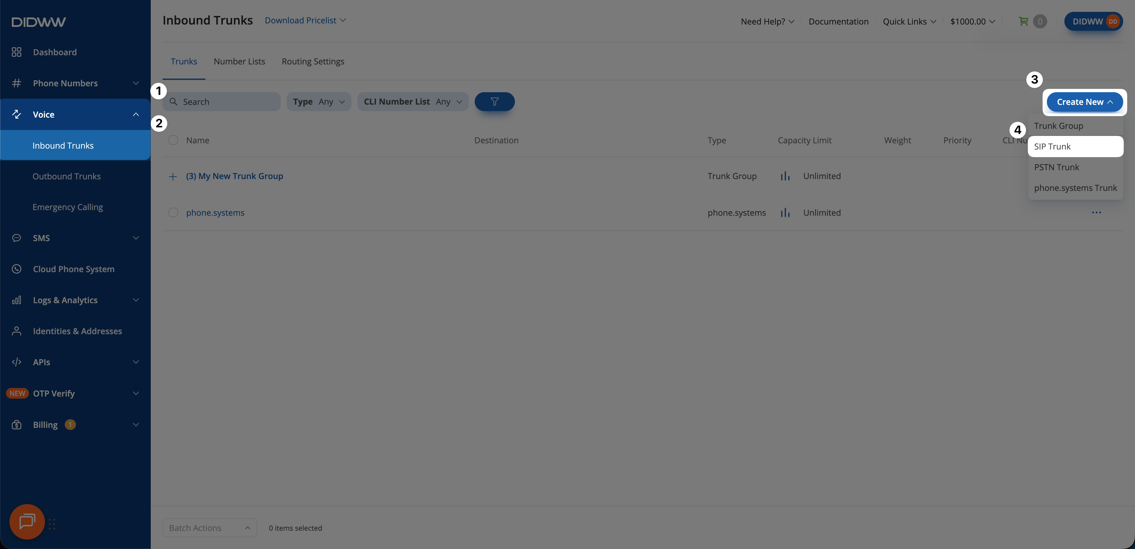 Create New menu on the Inbound Trunks page with SIP Trunk available