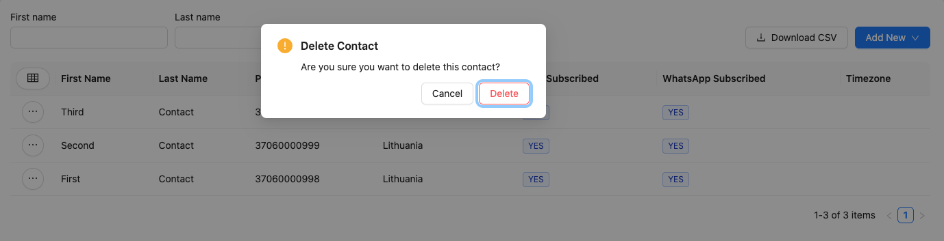 Delete Contacts Screen Screenshot