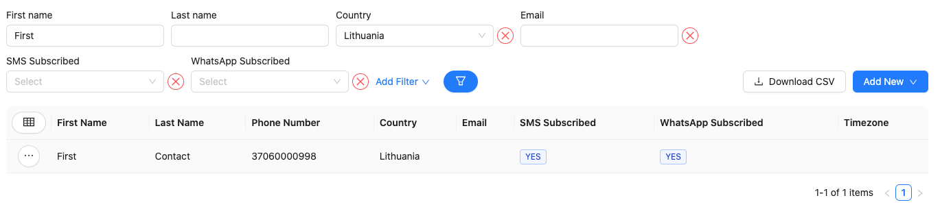 Screenshot of Contact Filtering