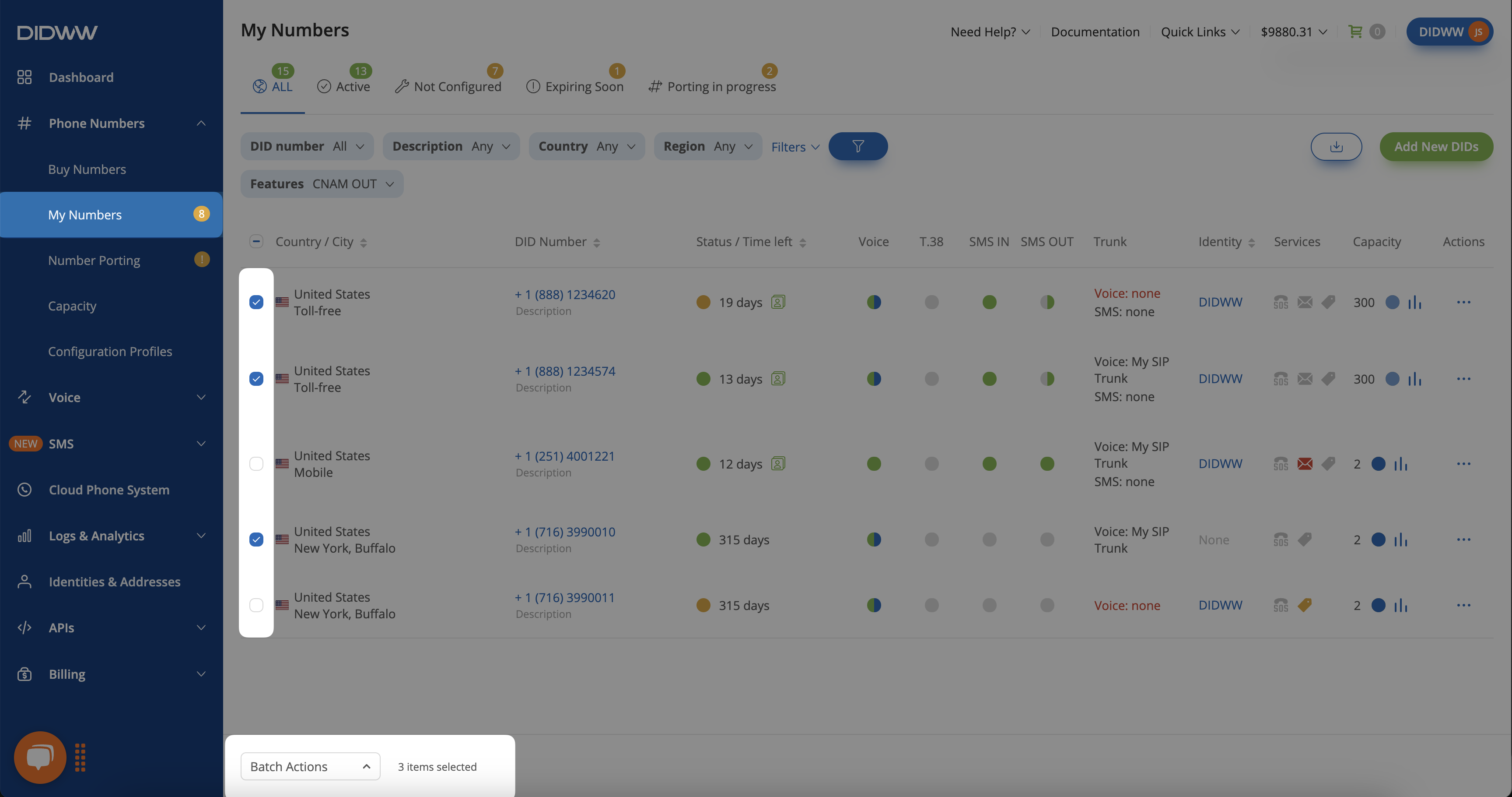 Selecting CNAM OUT supported DIDs