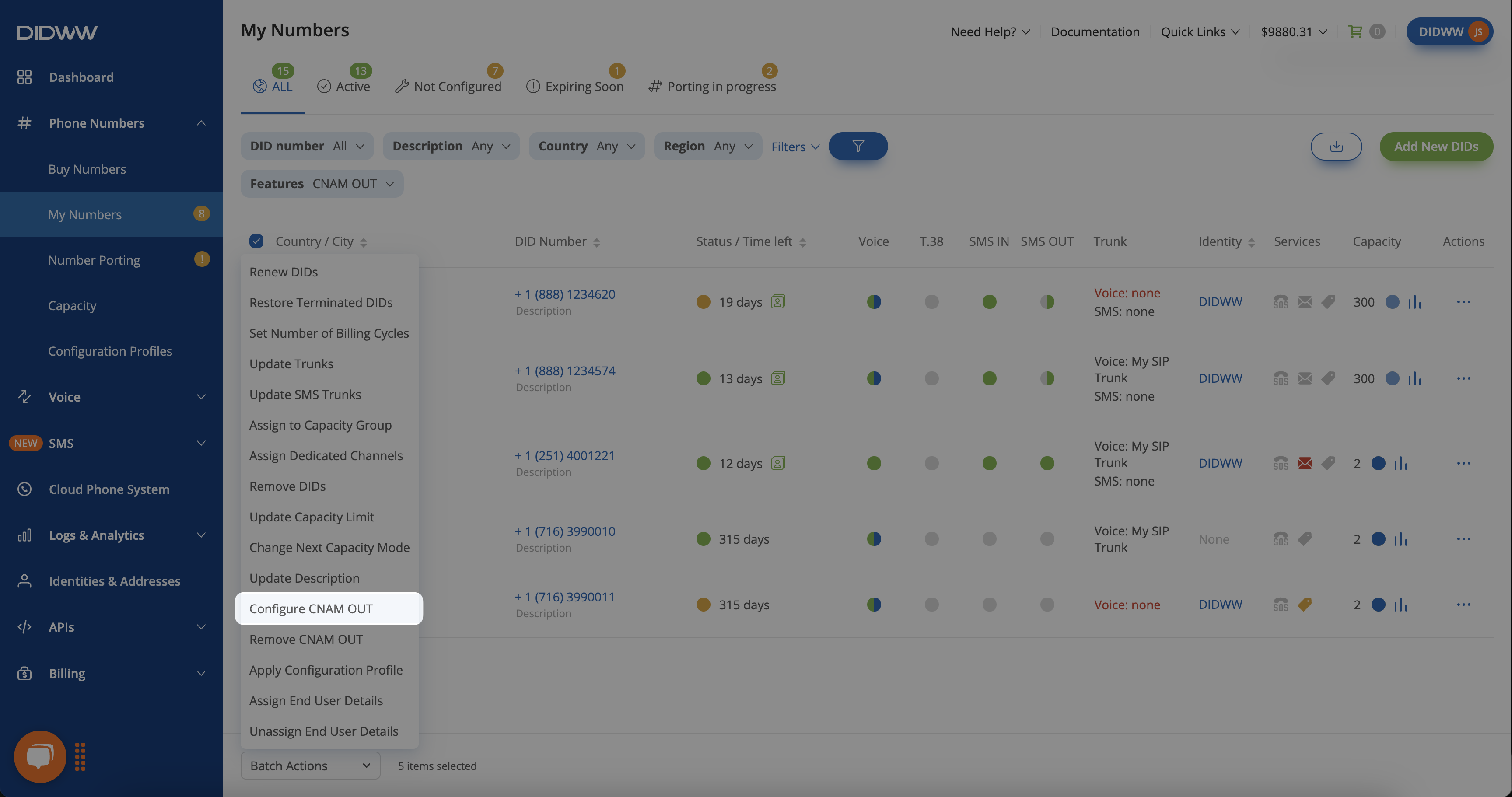 Batch actions Configure CNAM OUT