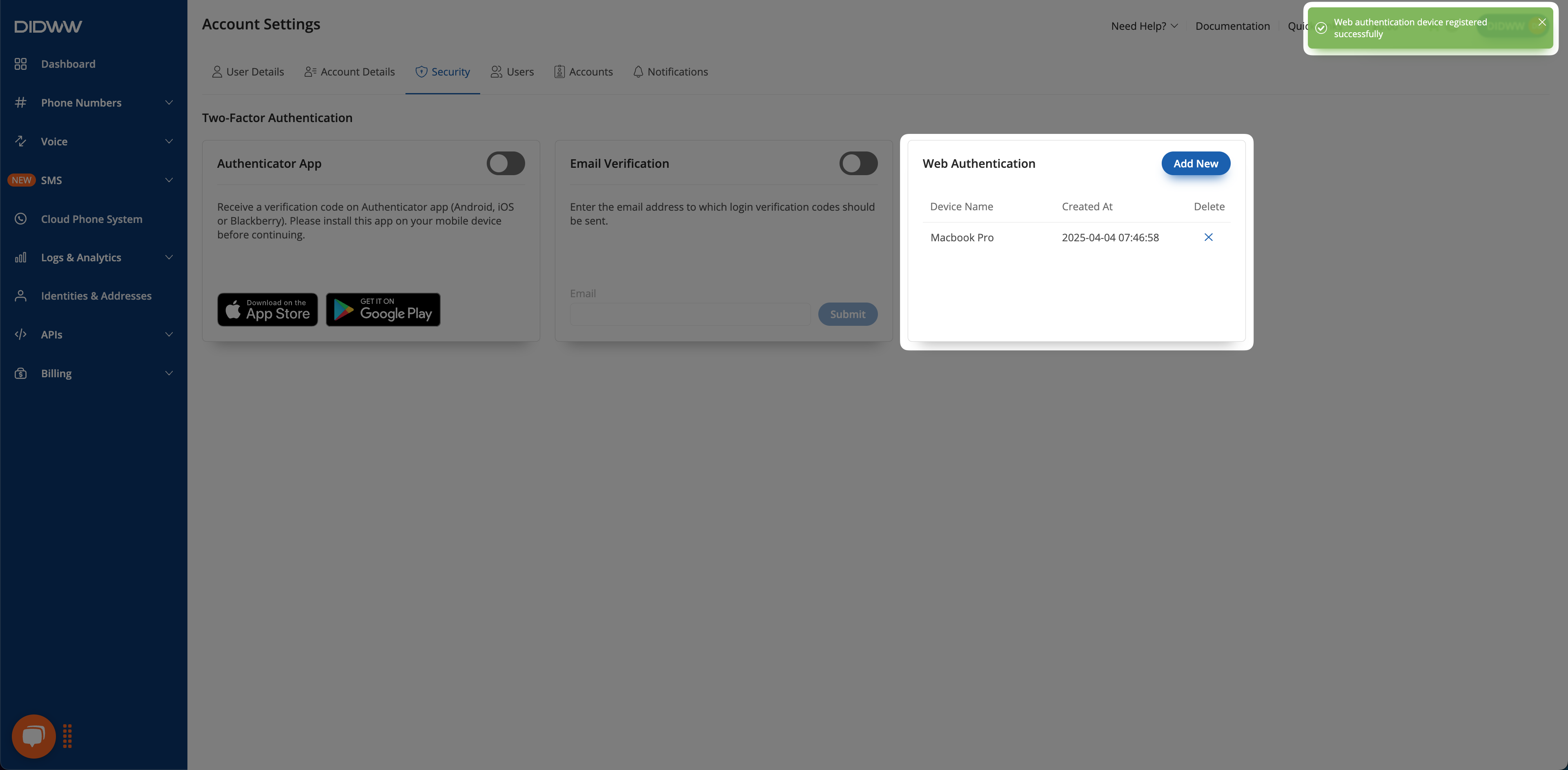 Registered WebAuth Device.