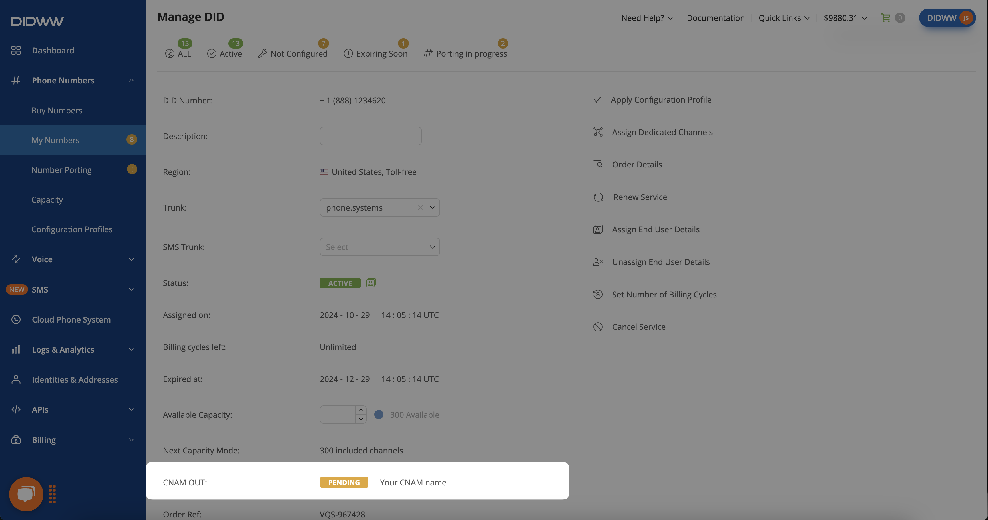 View CNAM OUT value and its status