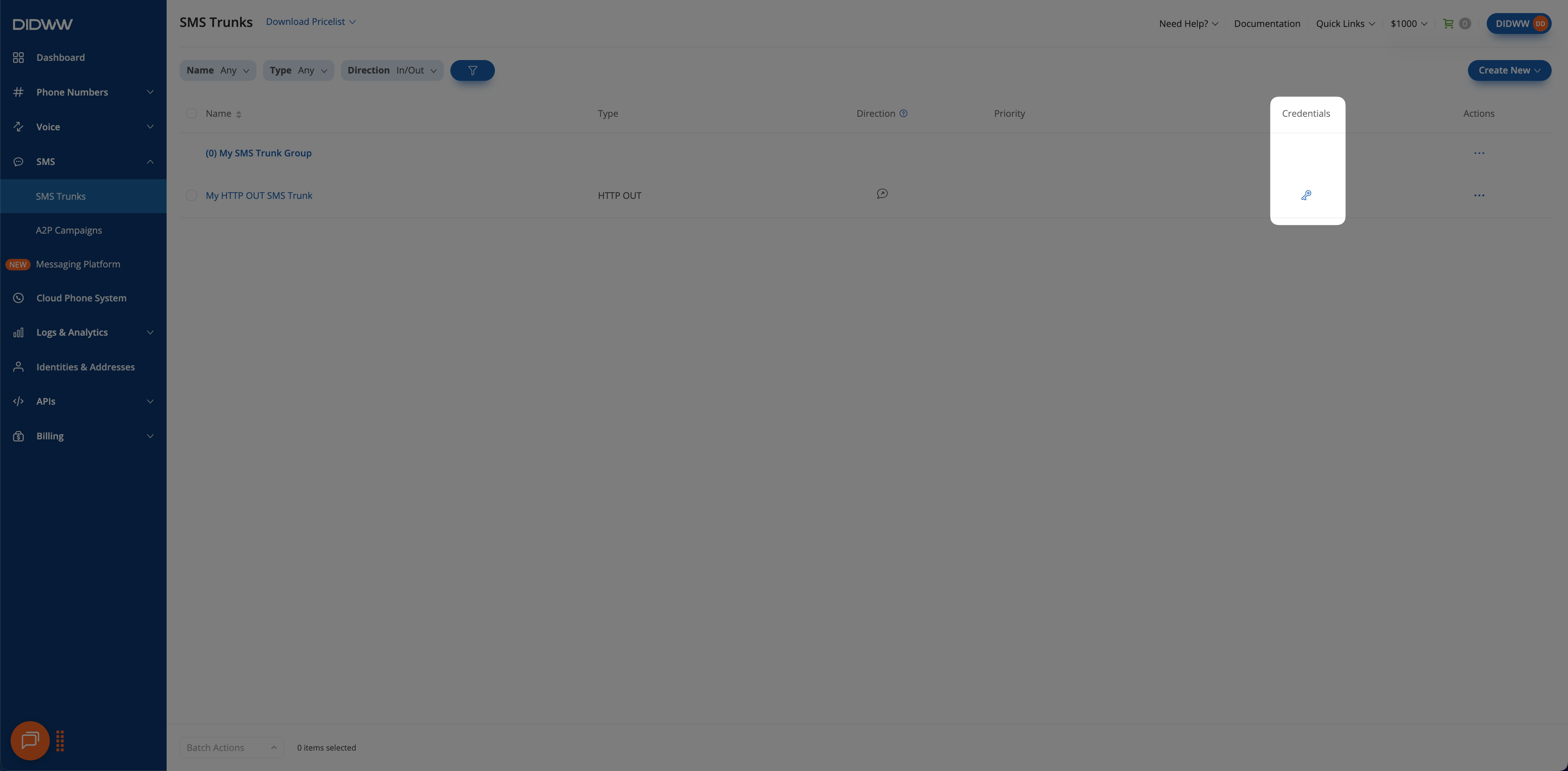 Credentials pop-up window for SMS to HTTP OUT Trunk.