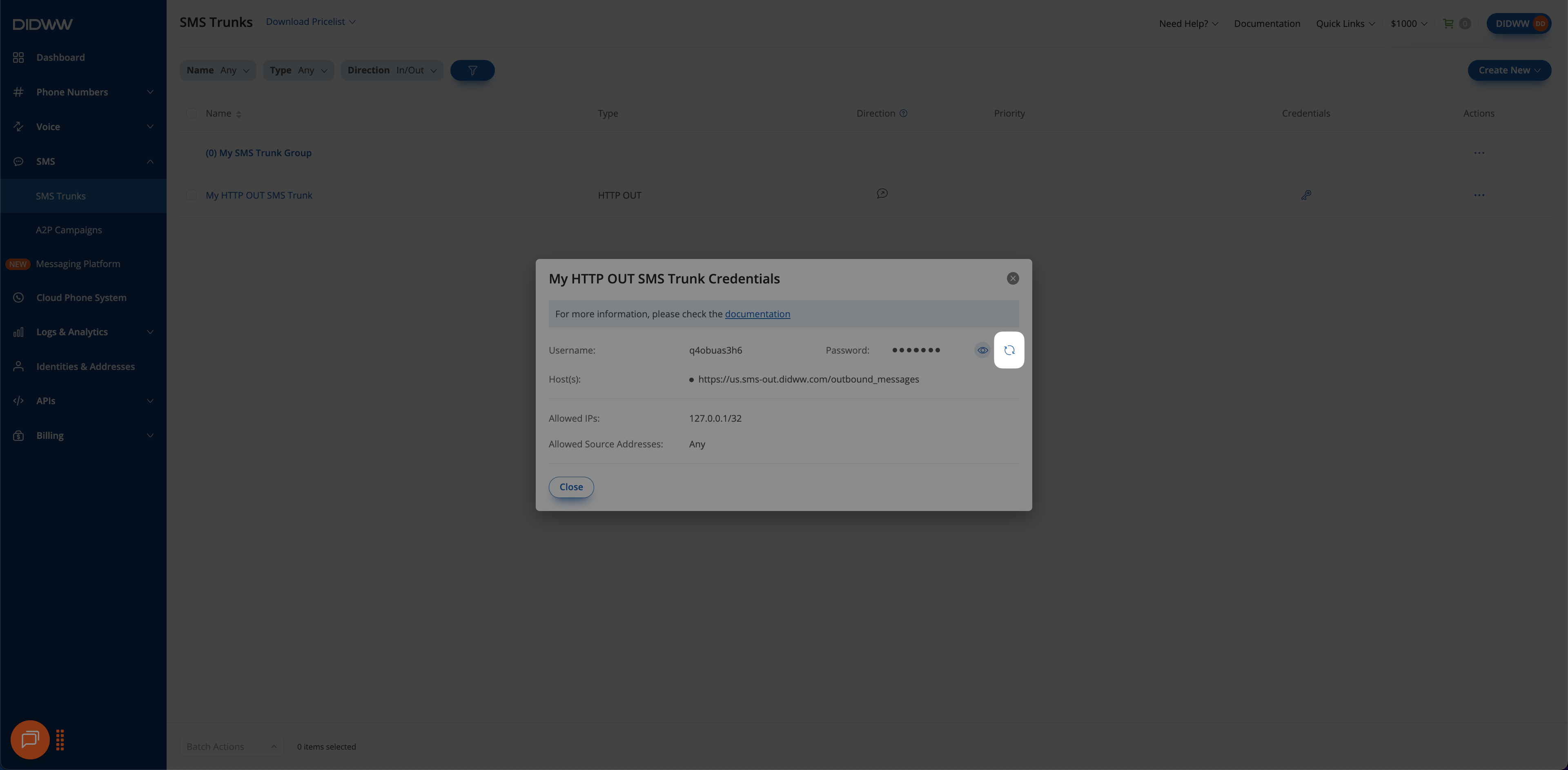 Regenerating password for SMS to HTTP OUT Trunk.