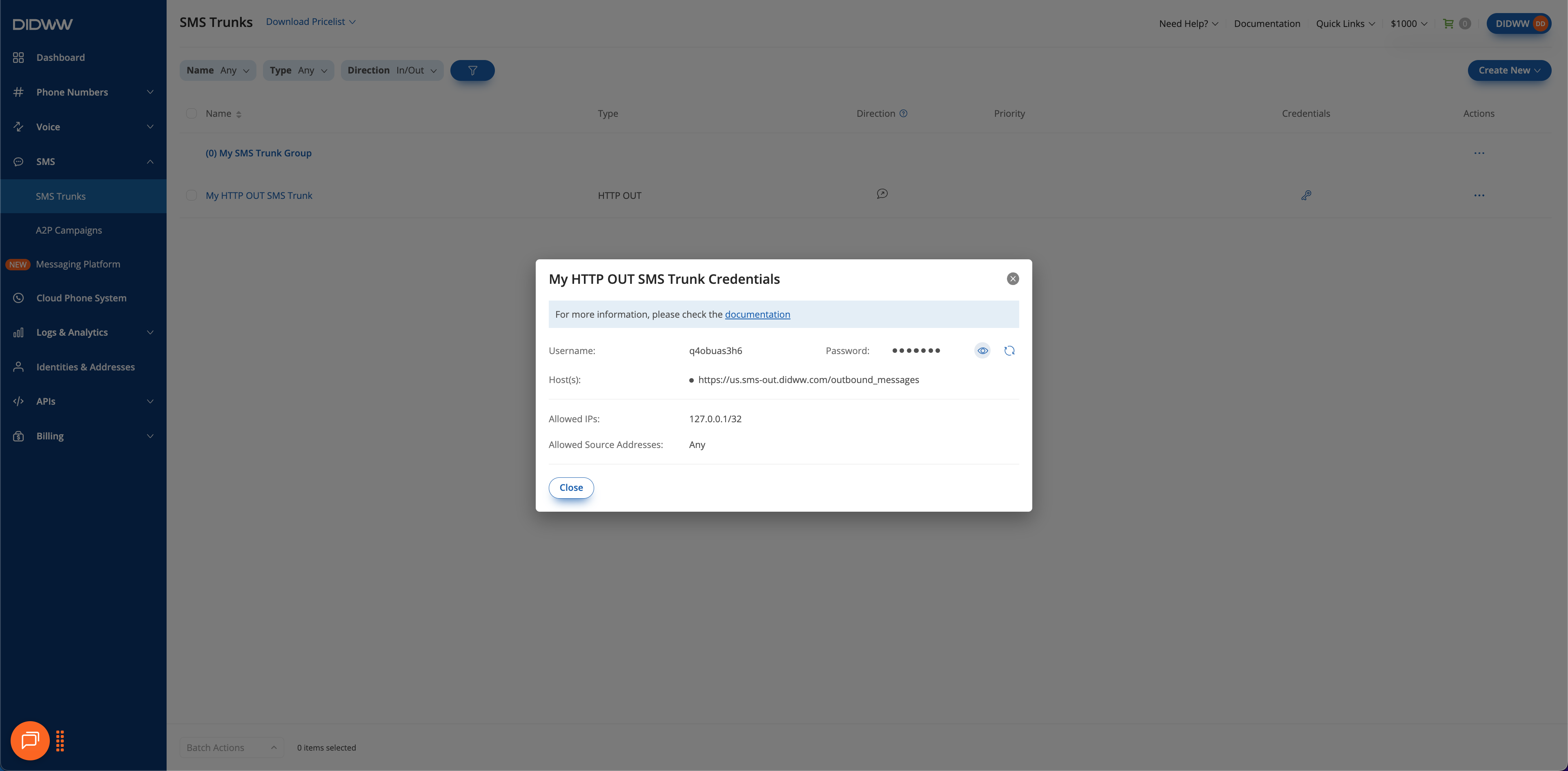 Viewing credentials for an SMS to HTTP OUT Trunk.