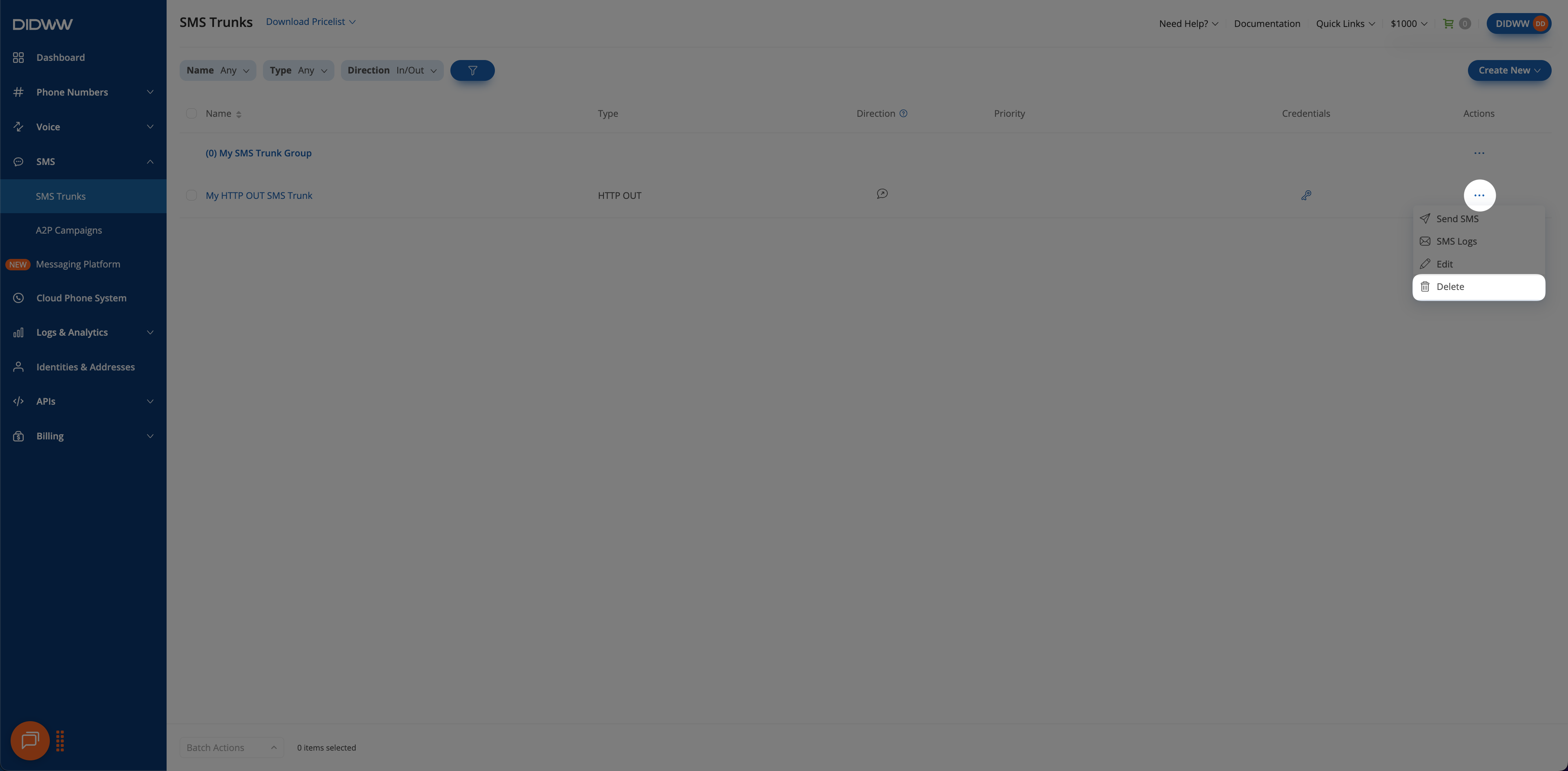 Delete option for SMS to HTTP OUT Trunk.