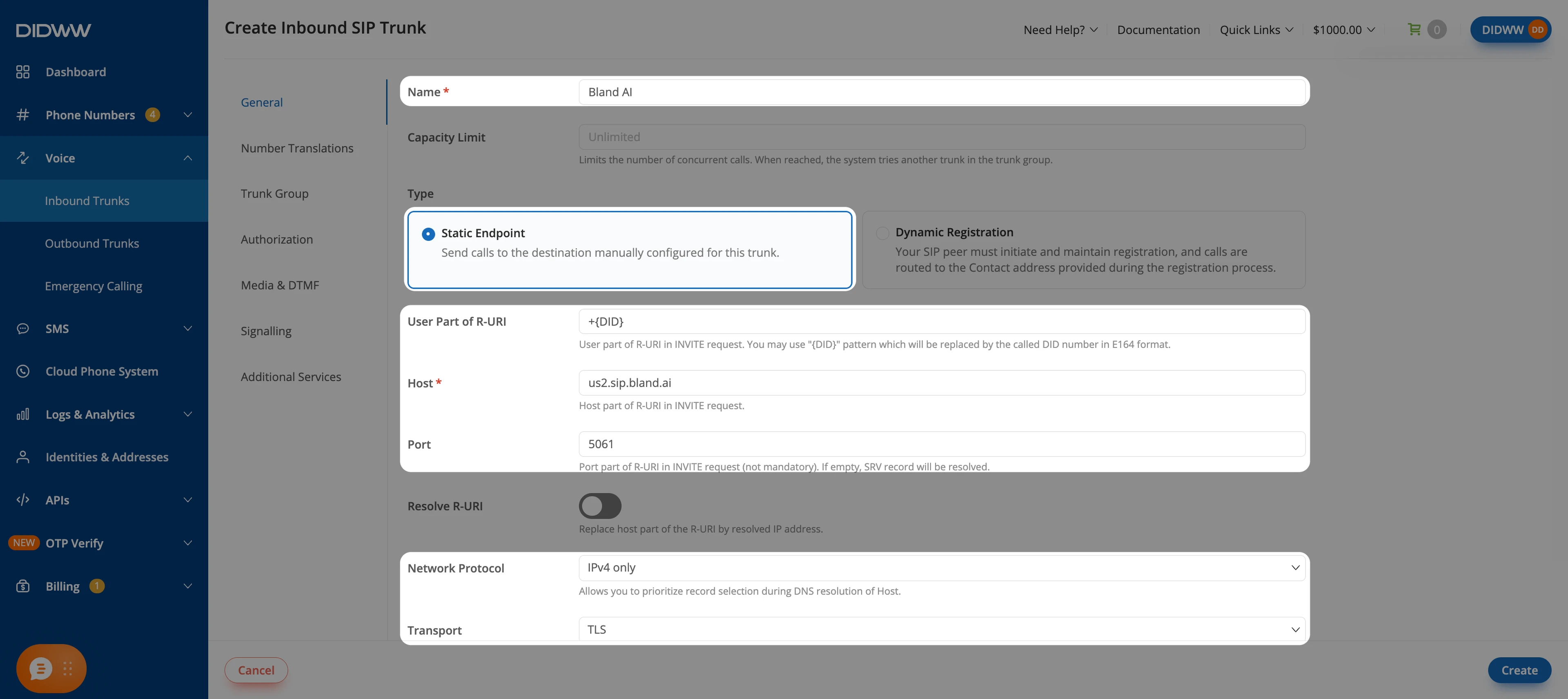 General tab of the inbound SIP trunk configured for Bland AI